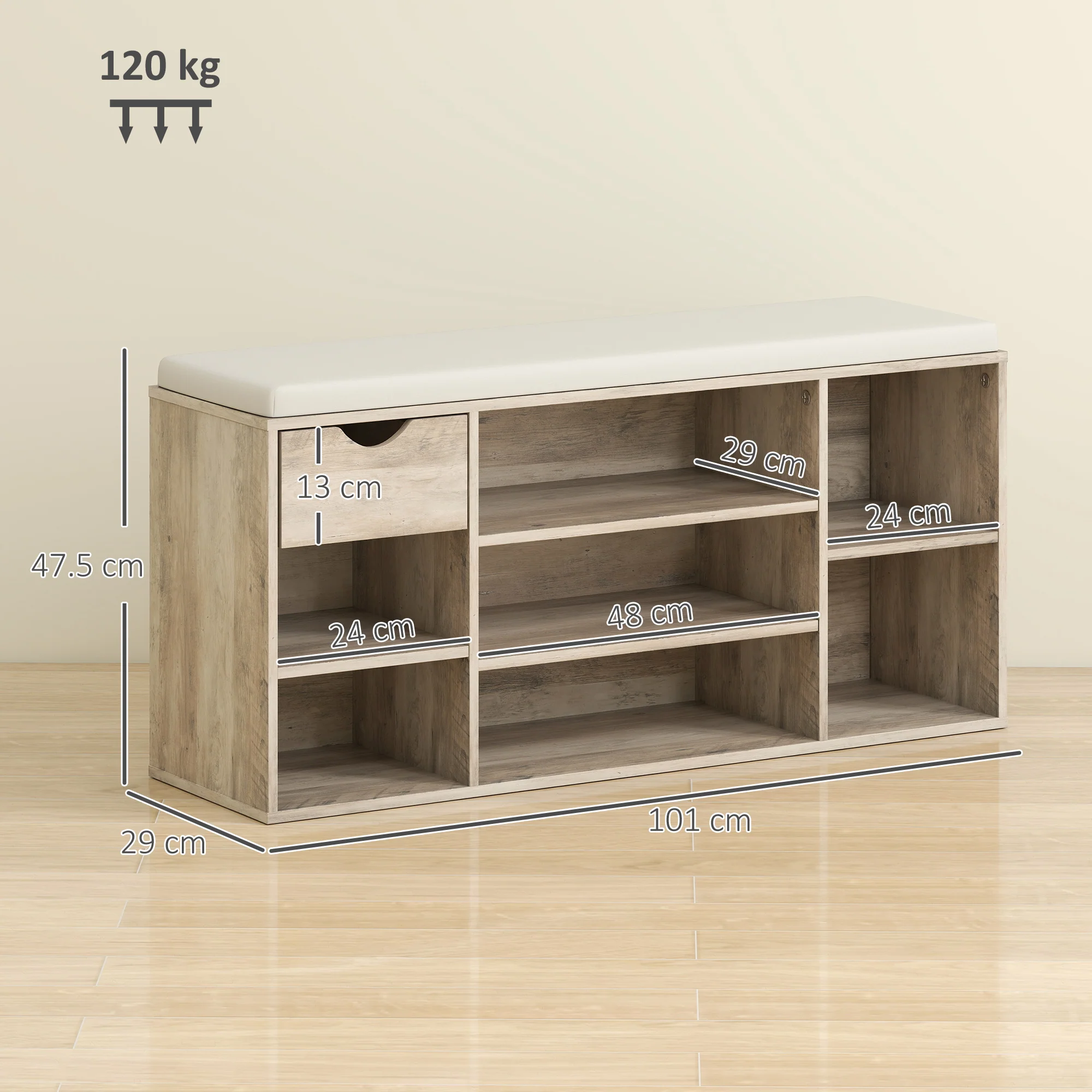 HOMCOM Shoe Storage Cabinet Bench w/ Cushion Adjustable Shelves Grey - Image 5