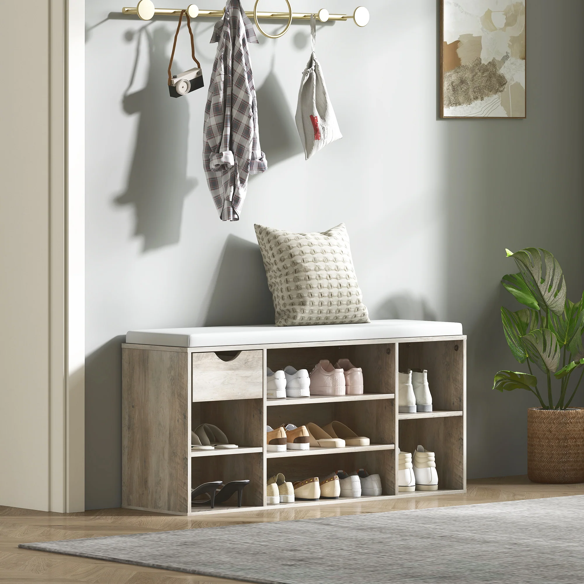 HOMCOM Shoe Storage Cabinet Bench w/ Cushion Adjustable Shelves Grey - Image 7
