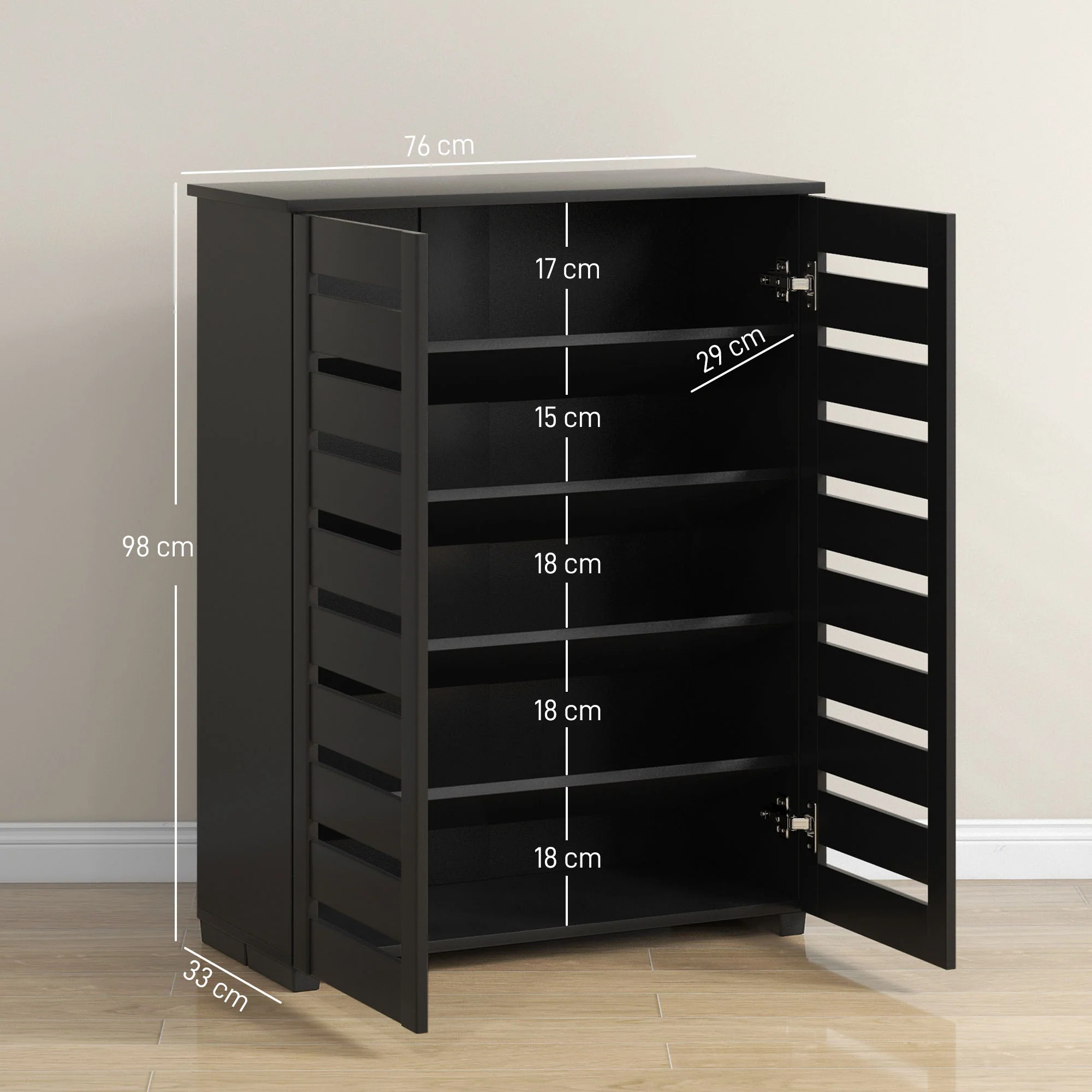 HOMCOM Shoe Storage Cabinet with Slatted Doors for 15 Pairs of Shoes Black - Image 5