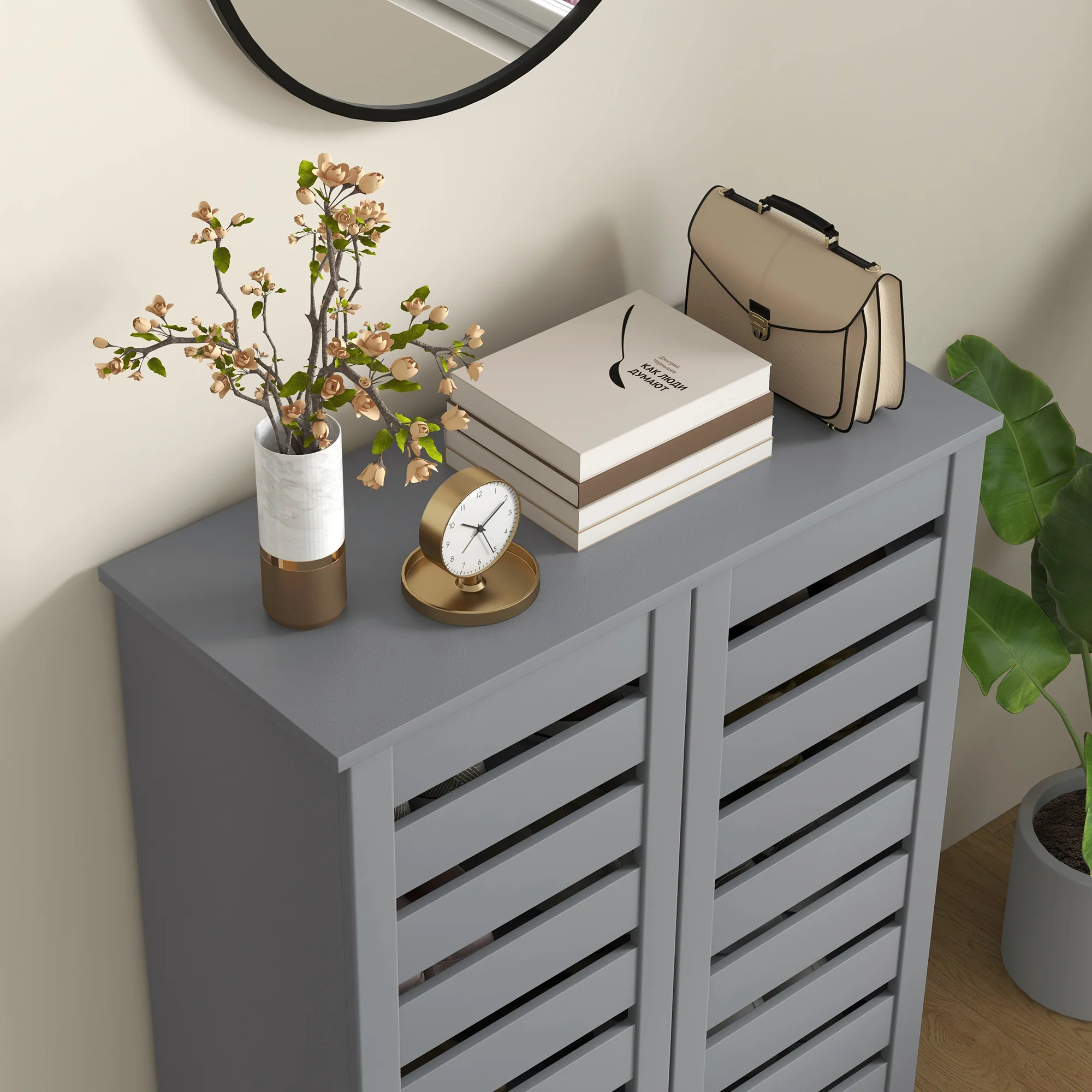 HOMCOM Shoe Storage Cabinet with Slatted Doors for 15 Pairs of Shoes Grey - Image 8