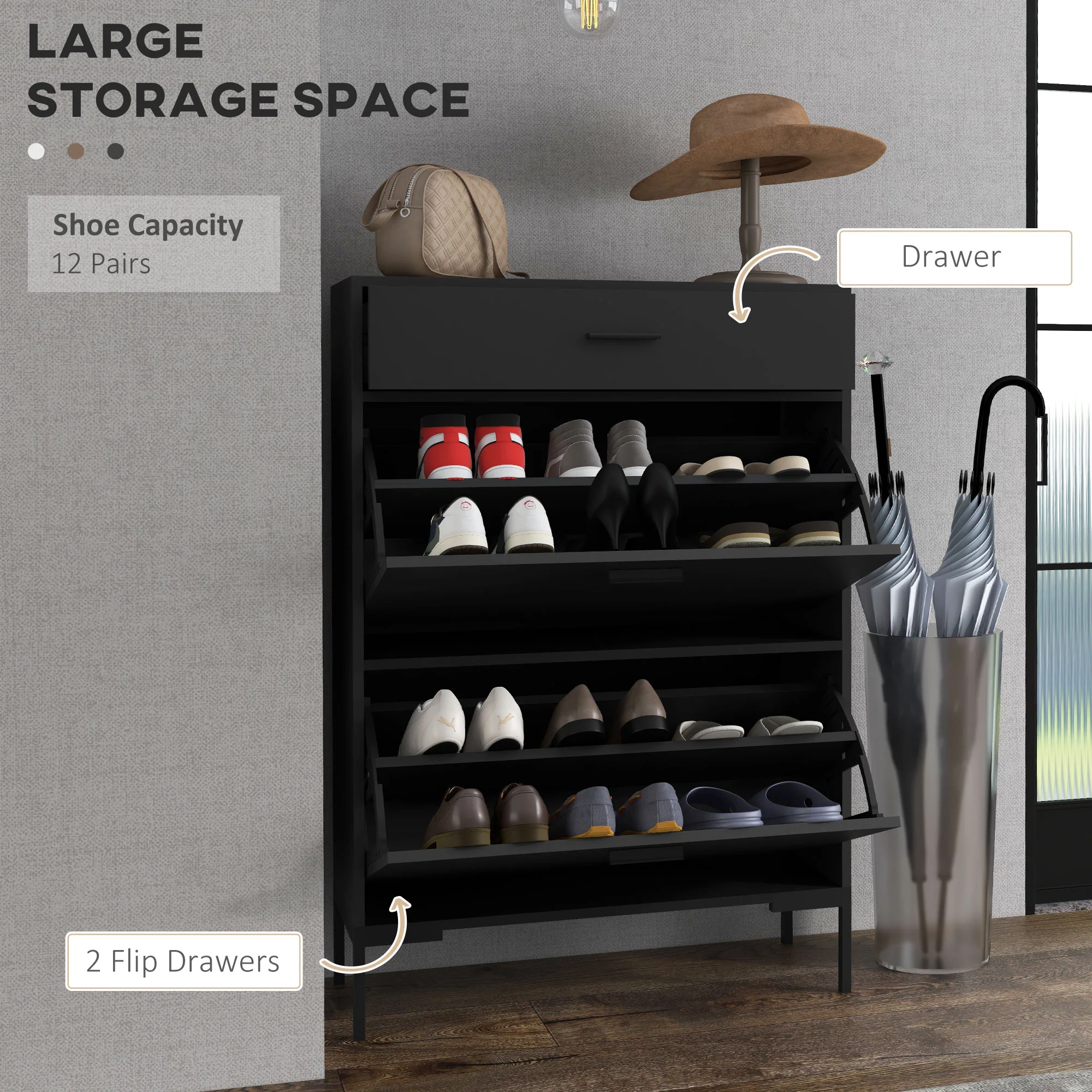 HOMCOM Shoe Storage Cupboard With 2 Flip Doors And Sliding Out Drawer, Black - Image 3