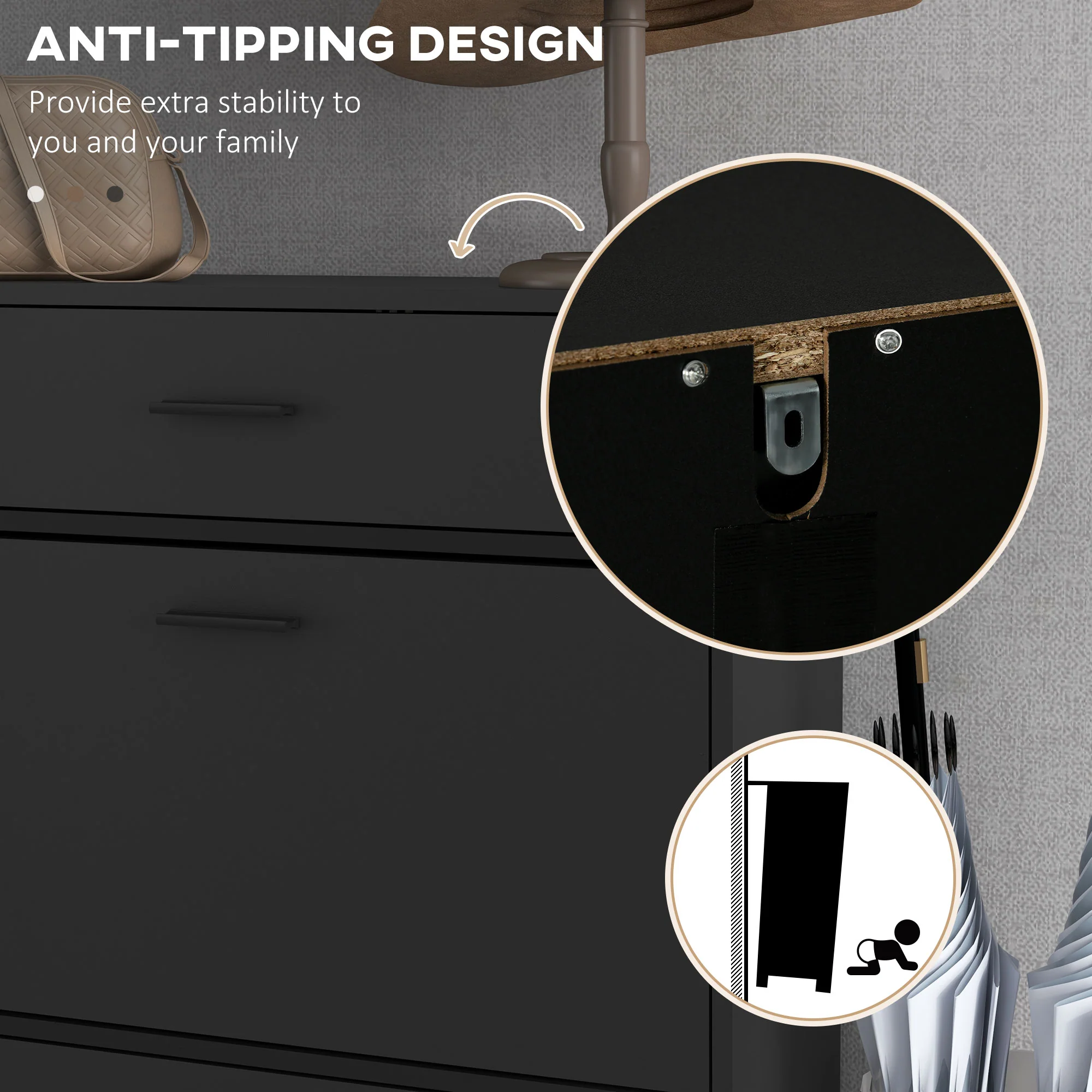 HOMCOM Shoe Storage Cupboard With 2 Flip Doors And Sliding Out Drawer, Black - Image 6