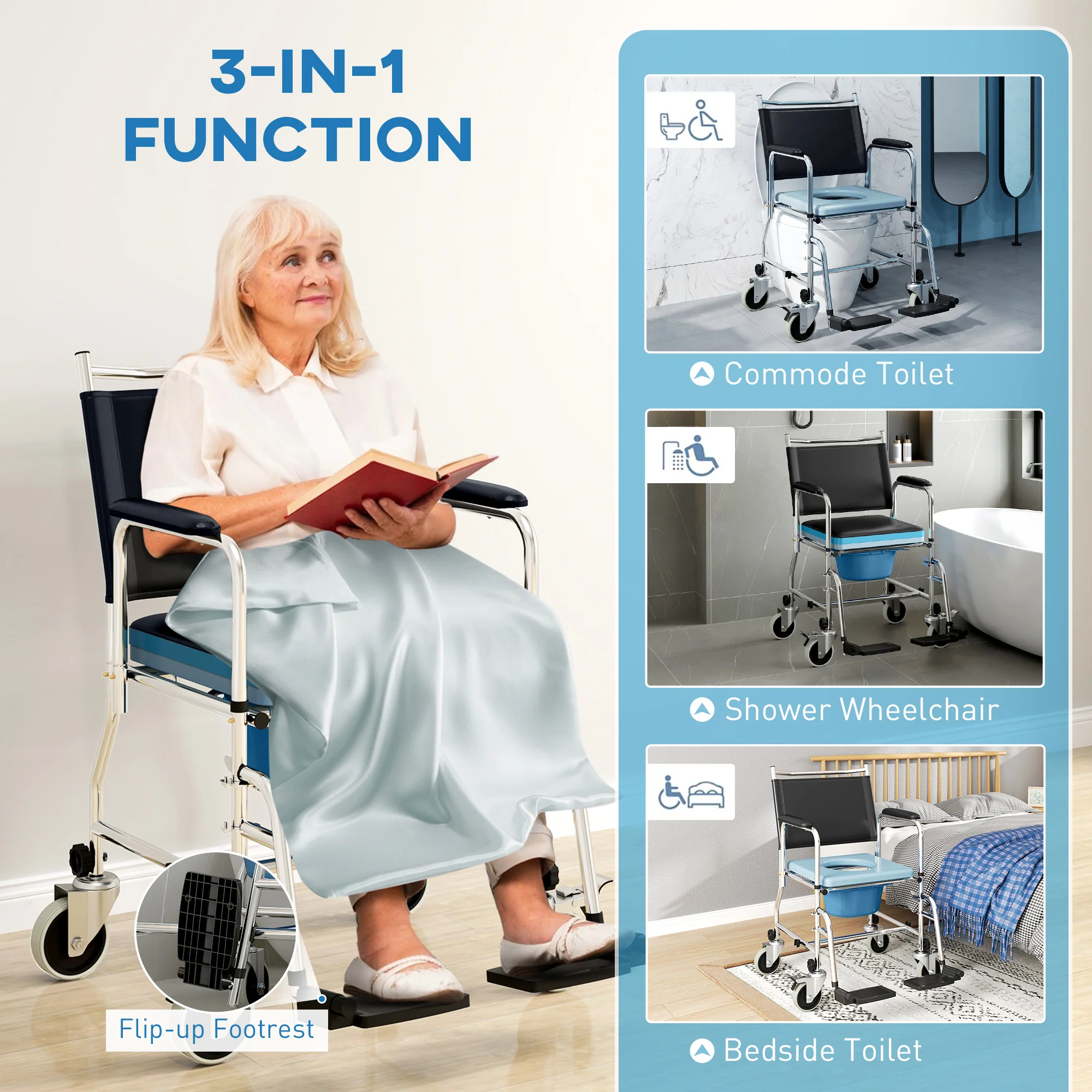 HOMCOM Shower Wheelchair, Commode Wheeled Chair with Padded Seat, Backrest - Image 3