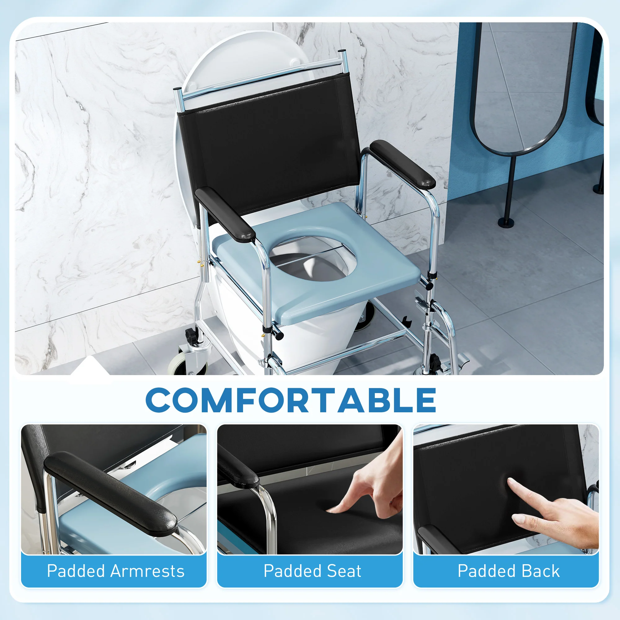 HOMCOM Shower Wheelchair, Commode Wheeled Chair with Padded Seat, Backrest - Image 4