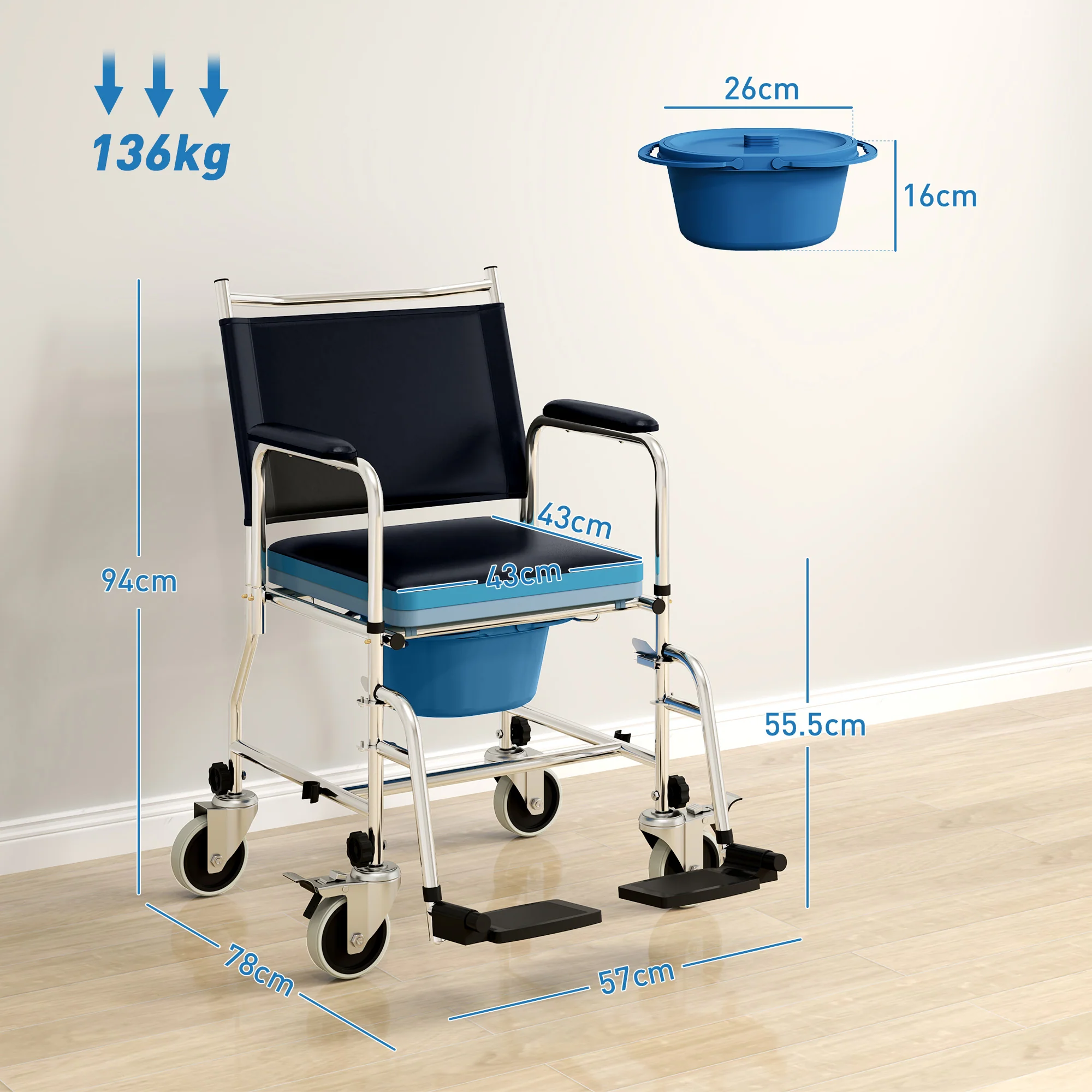 HOMCOM Shower Wheelchair, Commode Wheeled Chair with Padded Seat, Backrest - Image 5