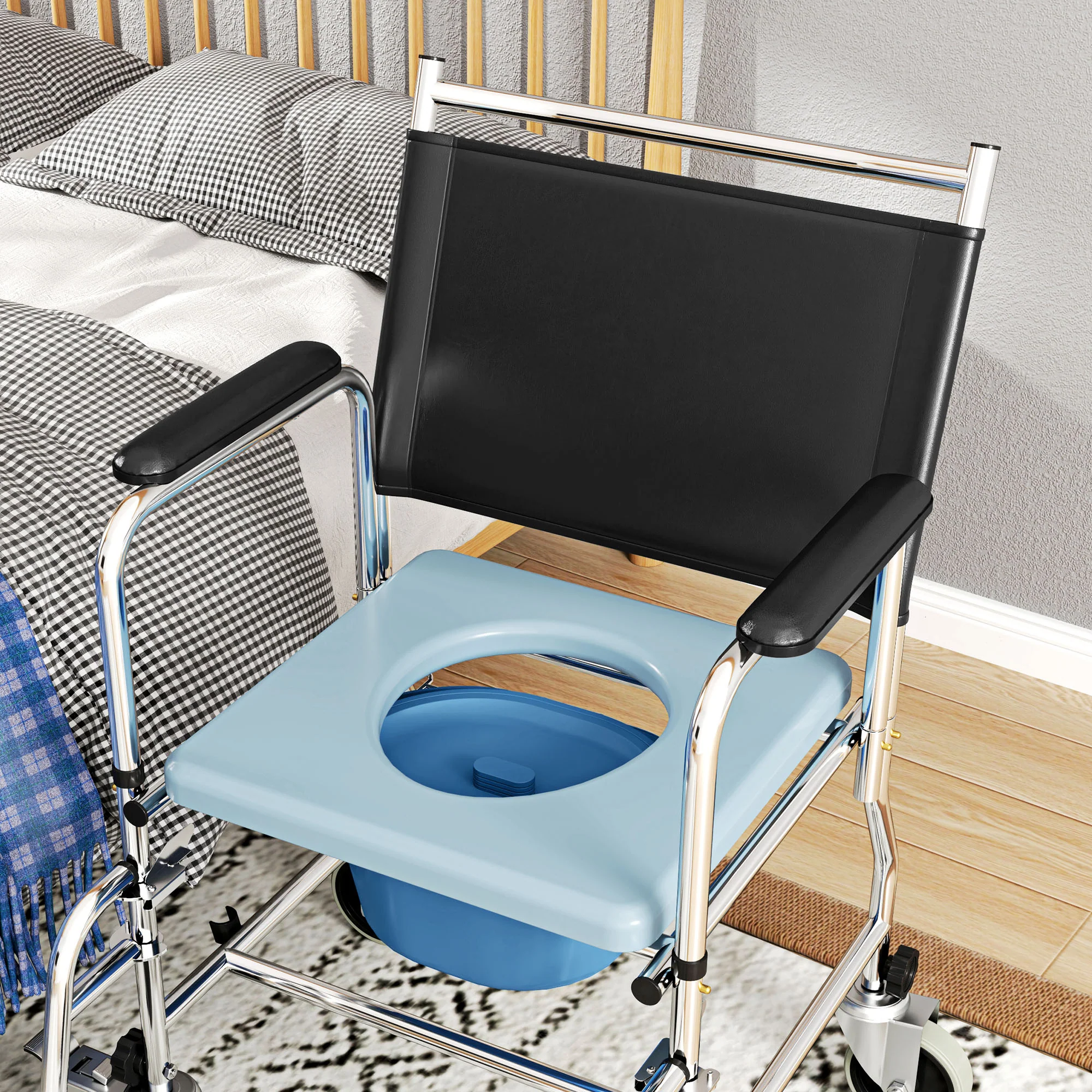 HOMCOM Shower Wheelchair, Commode Wheeled Chair with Padded Seat, Backrest - Image 9