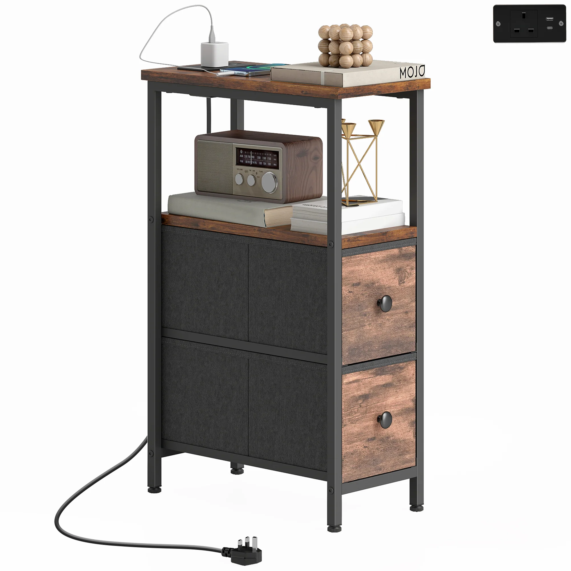 HOMCOM Side Table, Narrow Bedside Table with Charging Station, 2 Drawers
