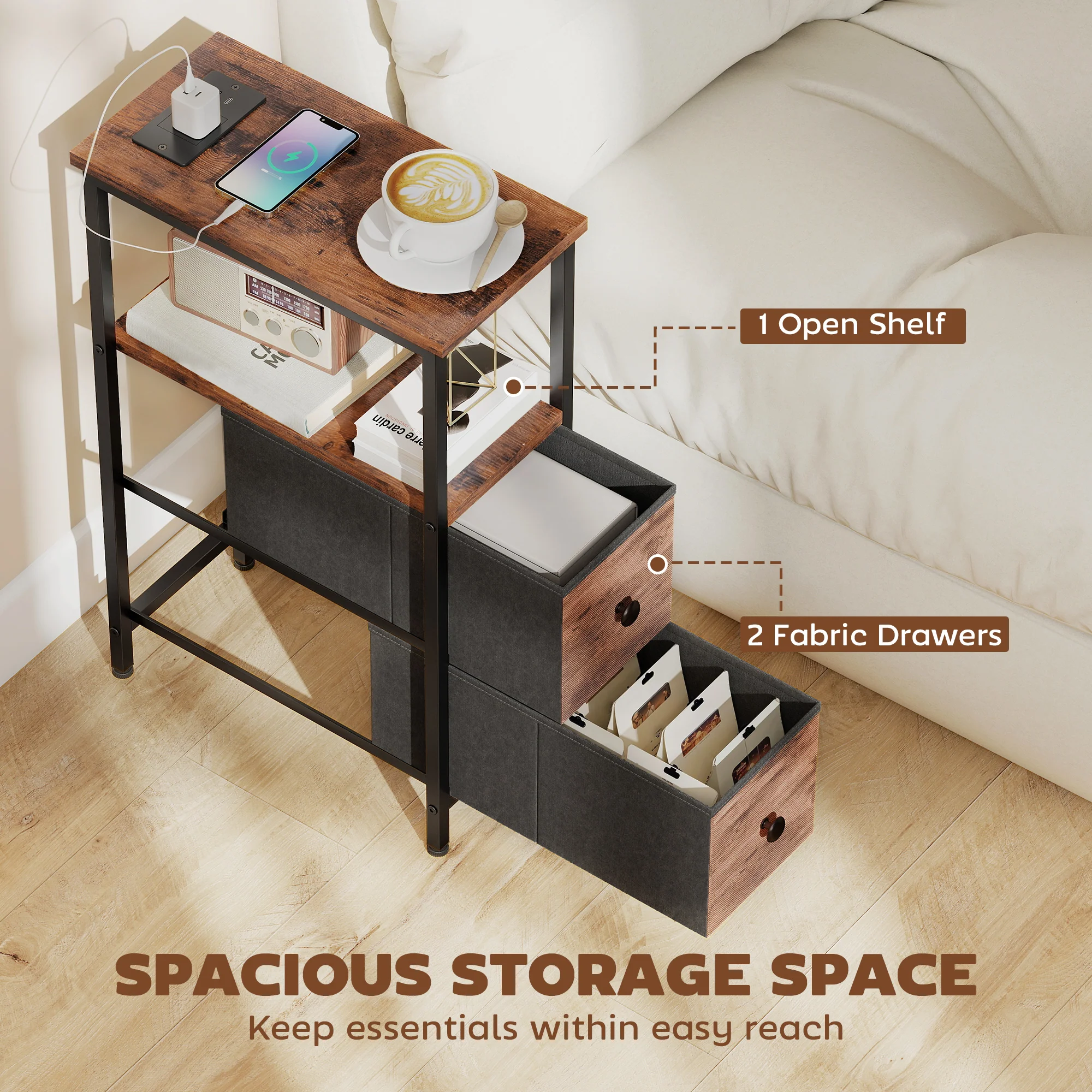 HOMCOM Side Table, Narrow Bedside Table with Charging Station, 2 Drawers - Image 4