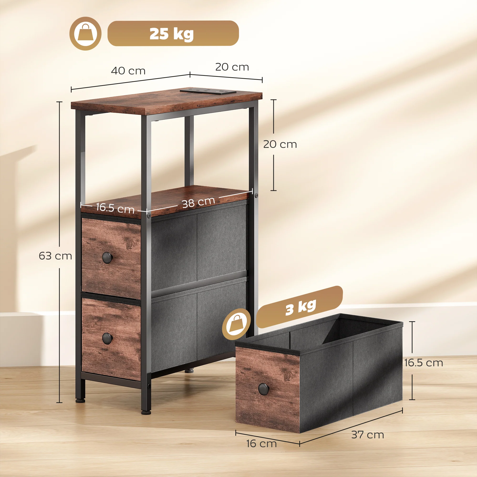 HOMCOM Side Table, Narrow Bedside Table with Charging Station, 2 Drawers - Image 5