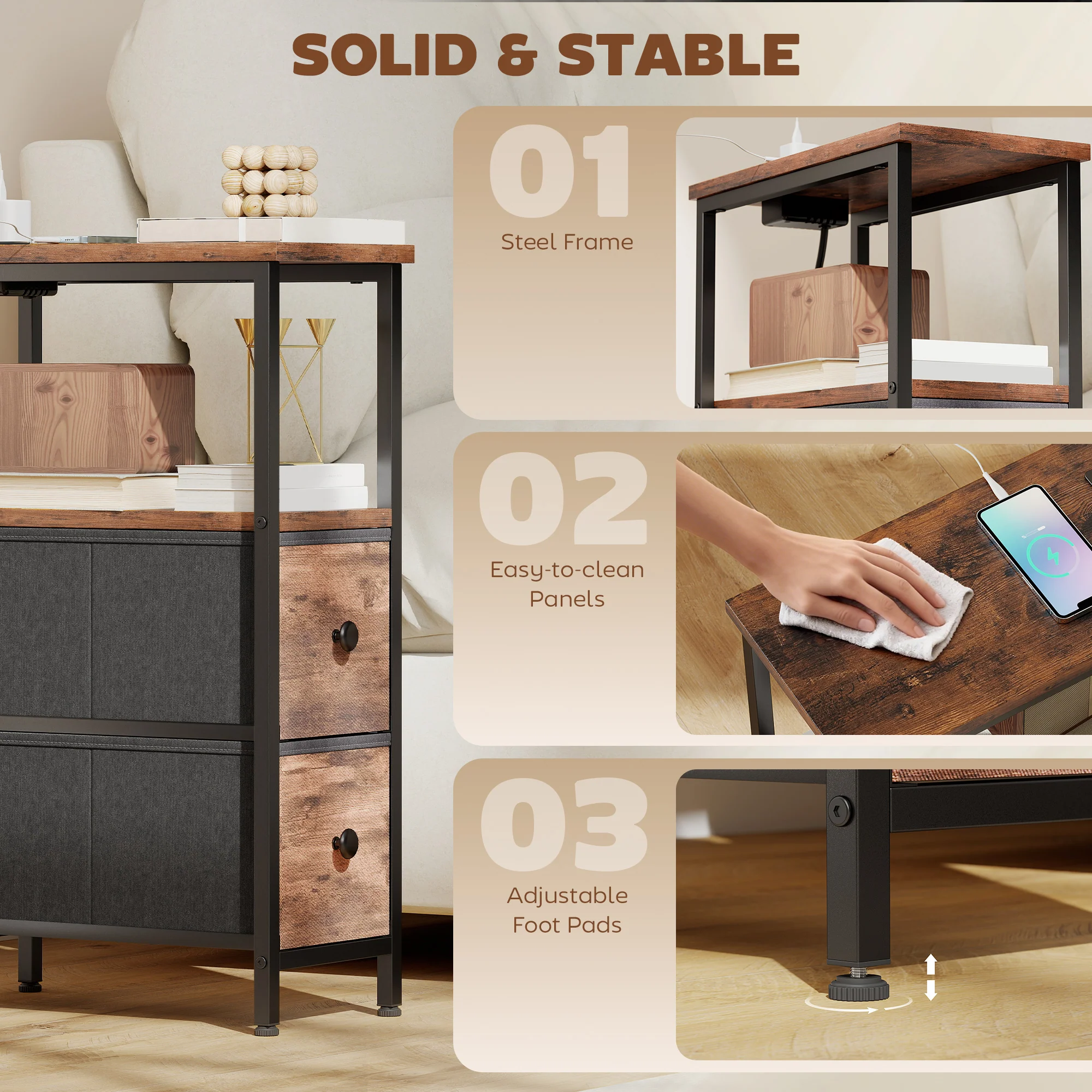 HOMCOM Side Table, Narrow Bedside Table with Charging Station, 2 Drawers - Image 6