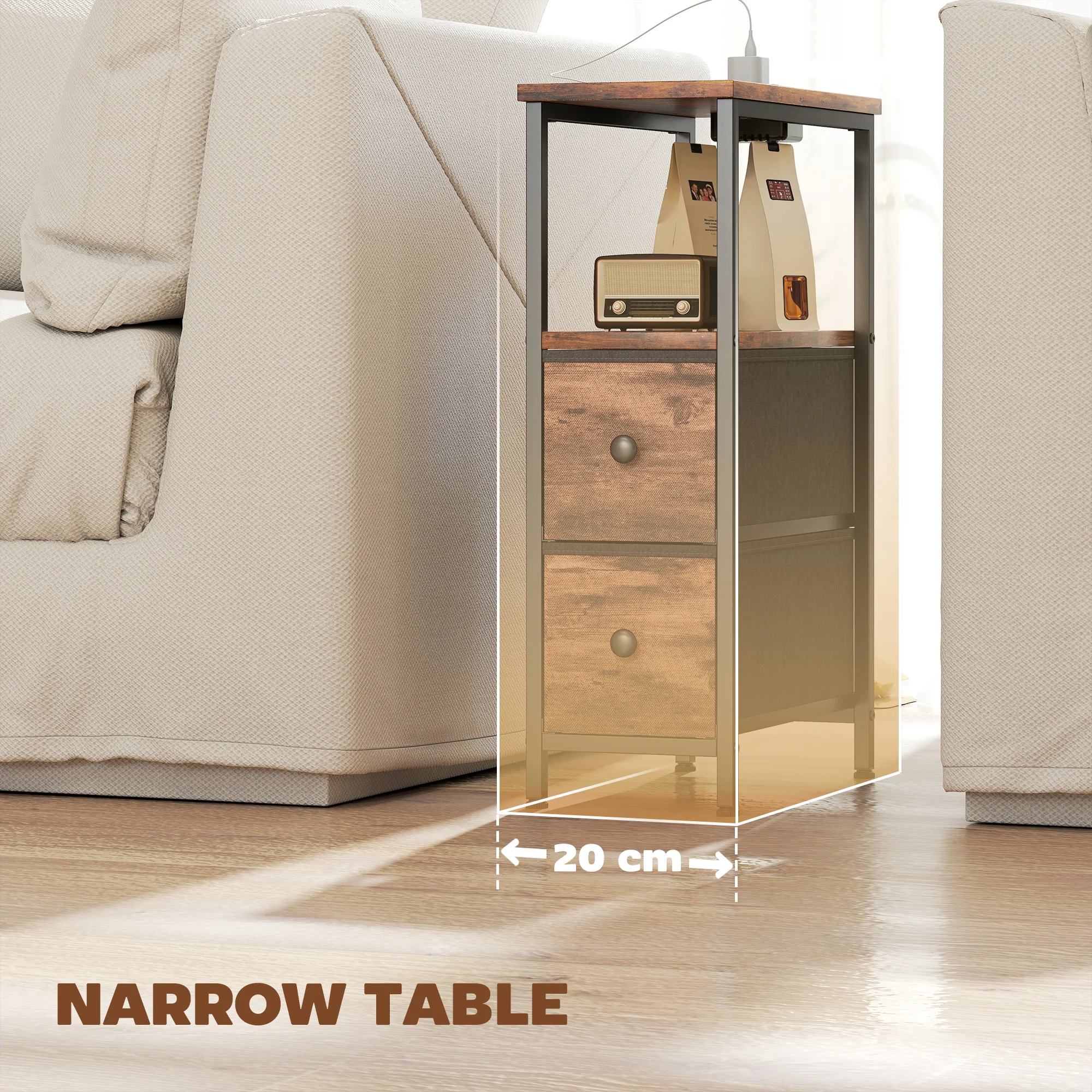 HOMCOM Side Table, Narrow Bedside Table with Charging Station, 2 Drawers - Image 7