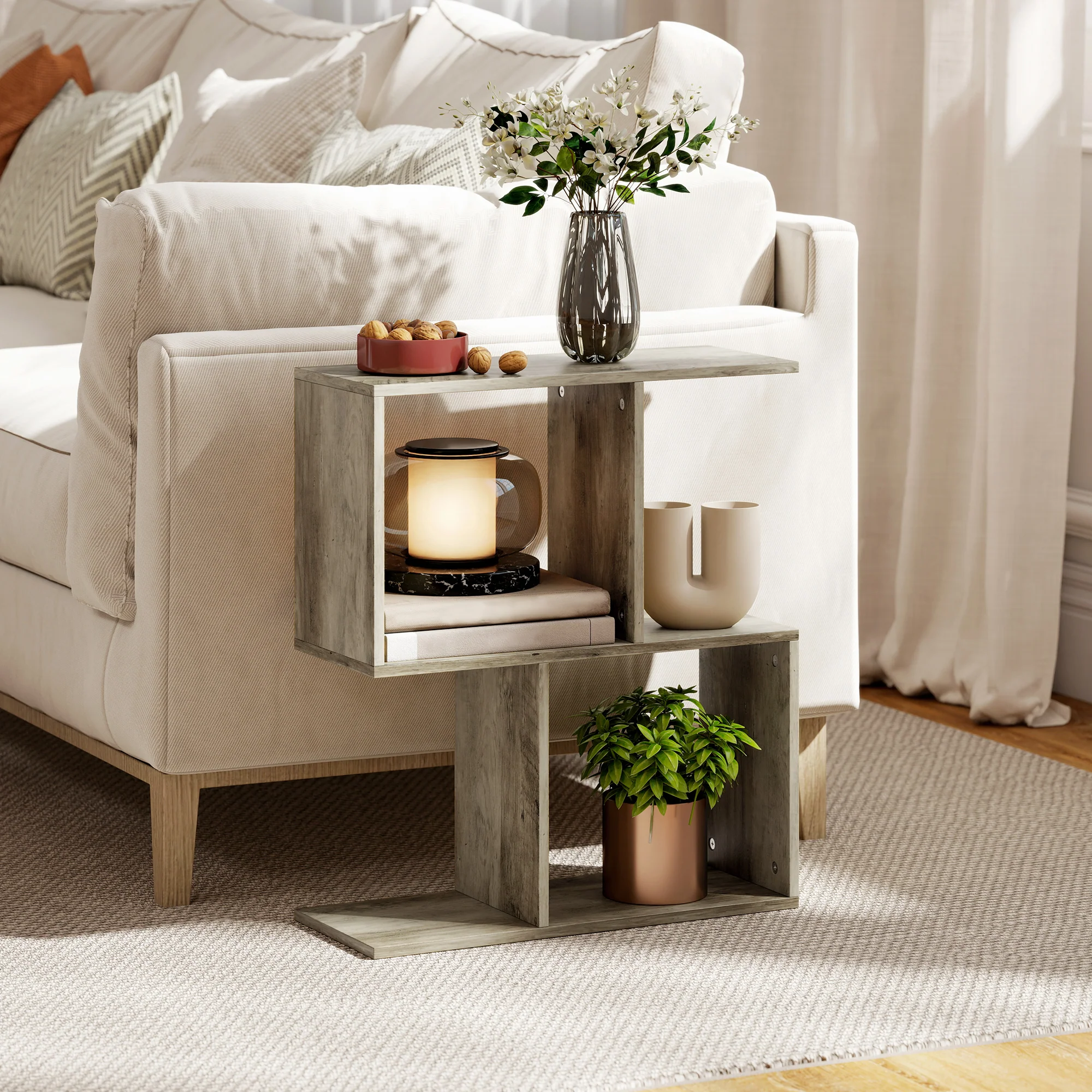 HOMCOM Side Table, Narrow End Table with Storage Shelves, Grey - Image 2