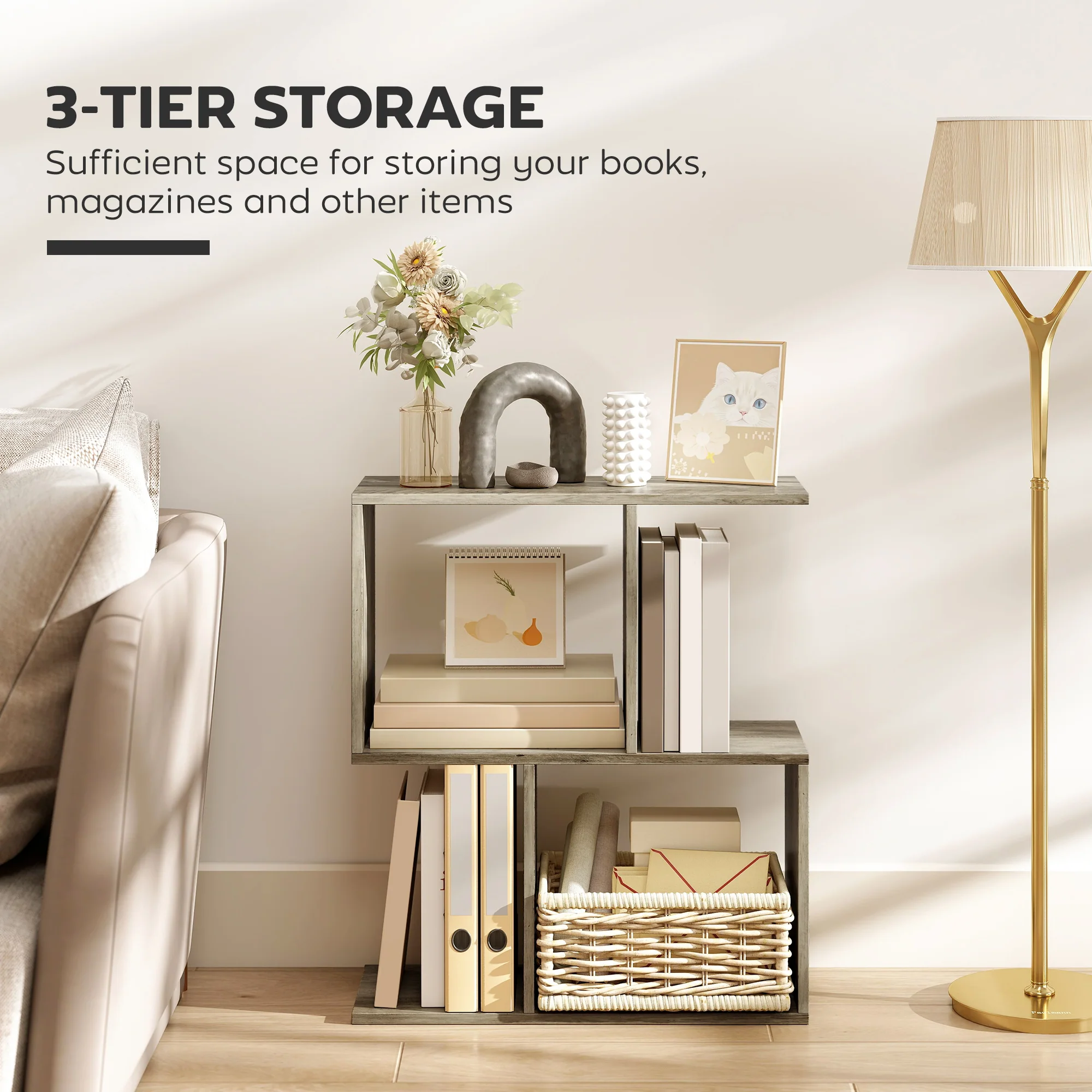 HOMCOM Side Table, Narrow End Table with Storage Shelves, Grey - Image 4