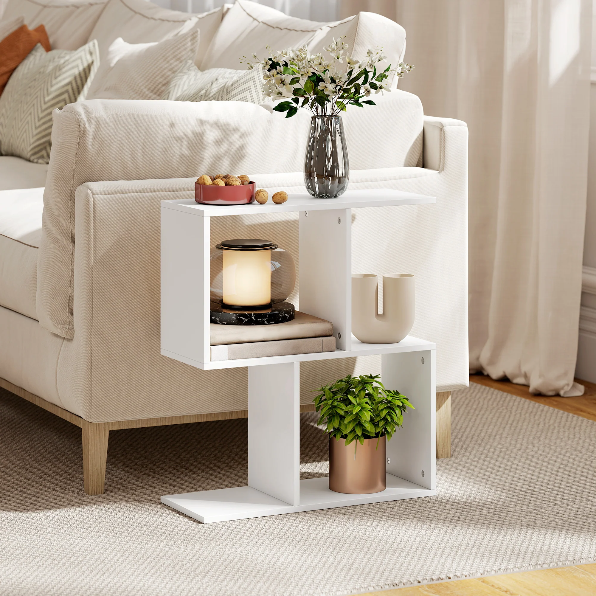 HOMCOM Side Table, Narrow End Table with Storage Shelves, White - Image 2