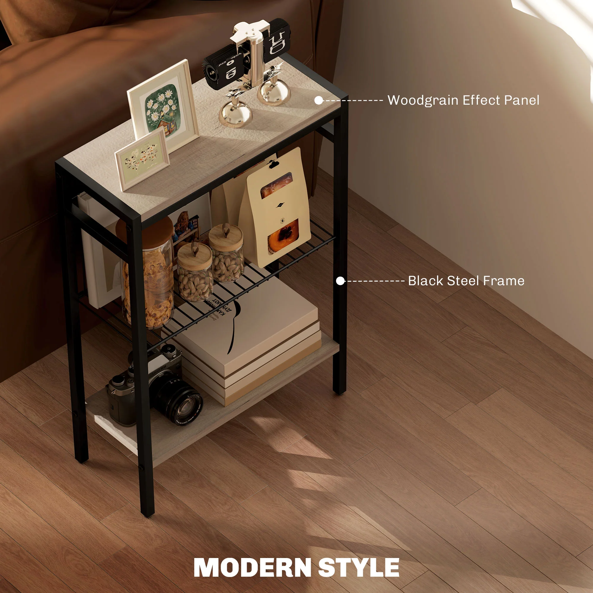 HOMCOM Side Table With Storage, Small Table For Living Room, Bedroom - Grey/Black - Image 4