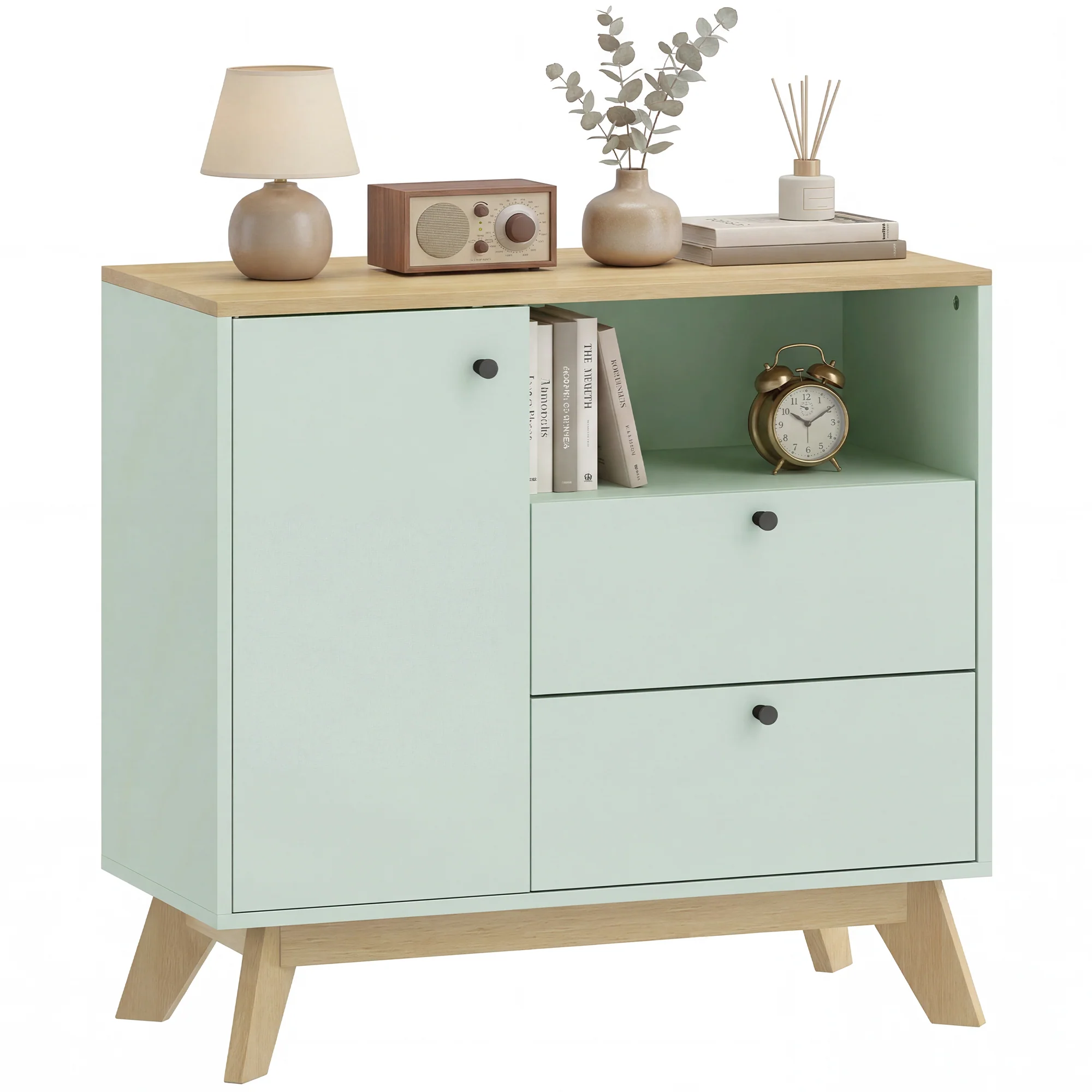 HOMCOM Sideboard, 80 cm Buffet Cabinet with 2 Drawers, Light Green and Oak