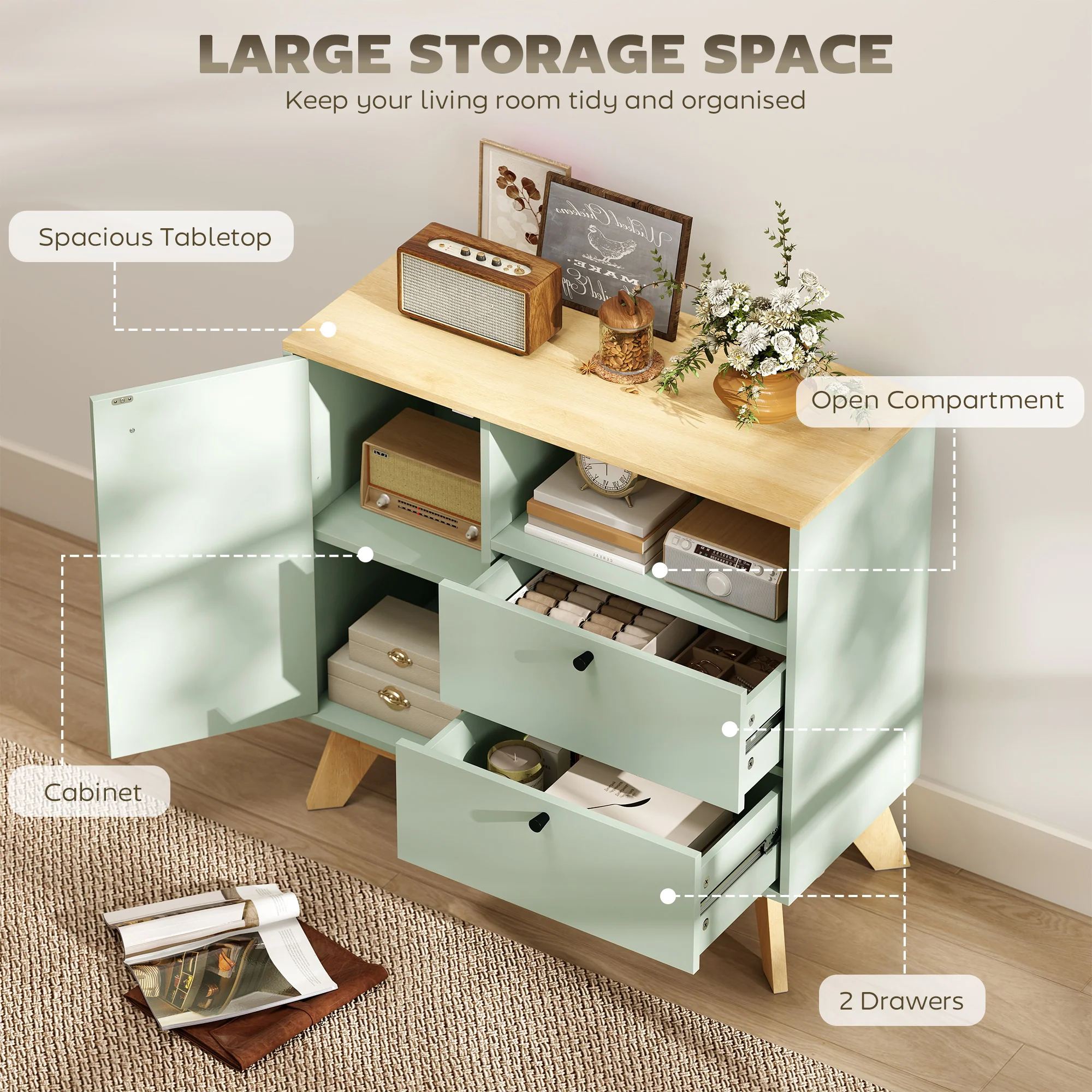 HOMCOM Sideboard, 80 cm Buffet Cabinet with 2 Drawers, Light Green and Oak - Image 3