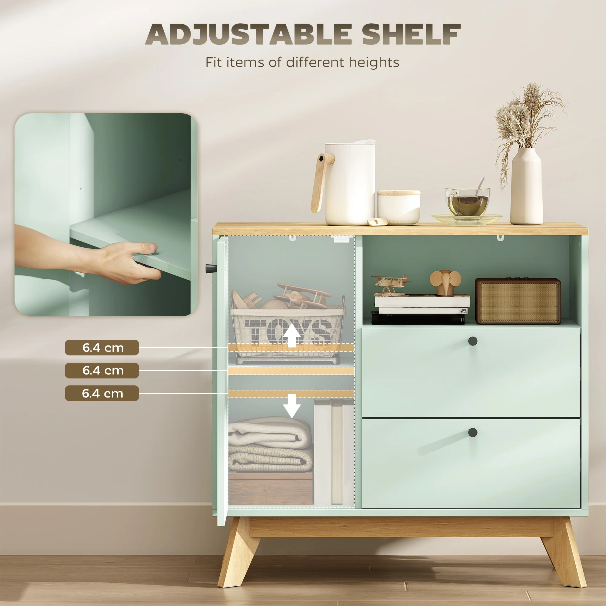 HOMCOM Sideboard, 80 cm Buffet Cabinet with 2 Drawers, Light Green and Oak - Image 4