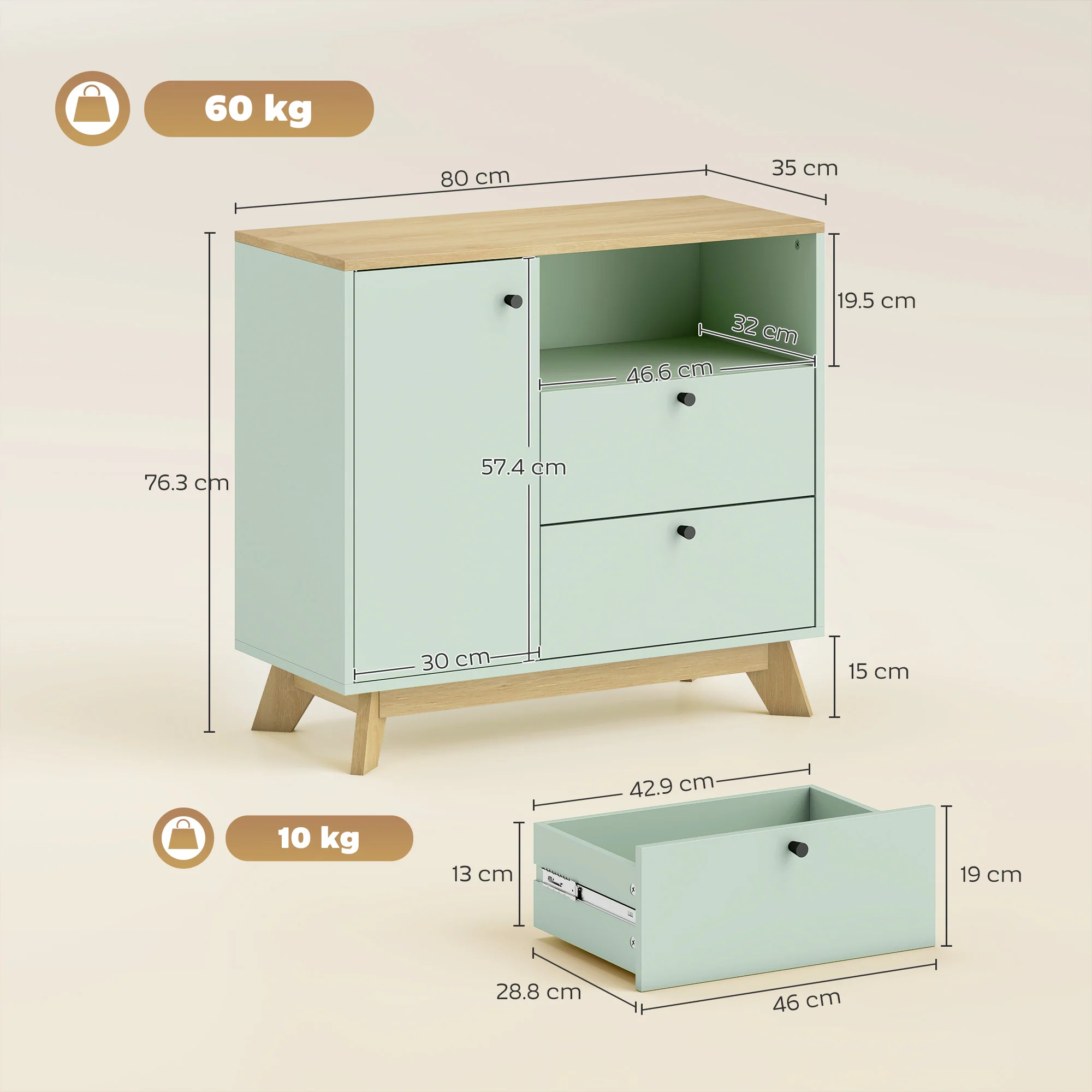 HOMCOM Sideboard, 80 cm Buffet Cabinet with 2 Drawers, Light Green and Oak - Image 5