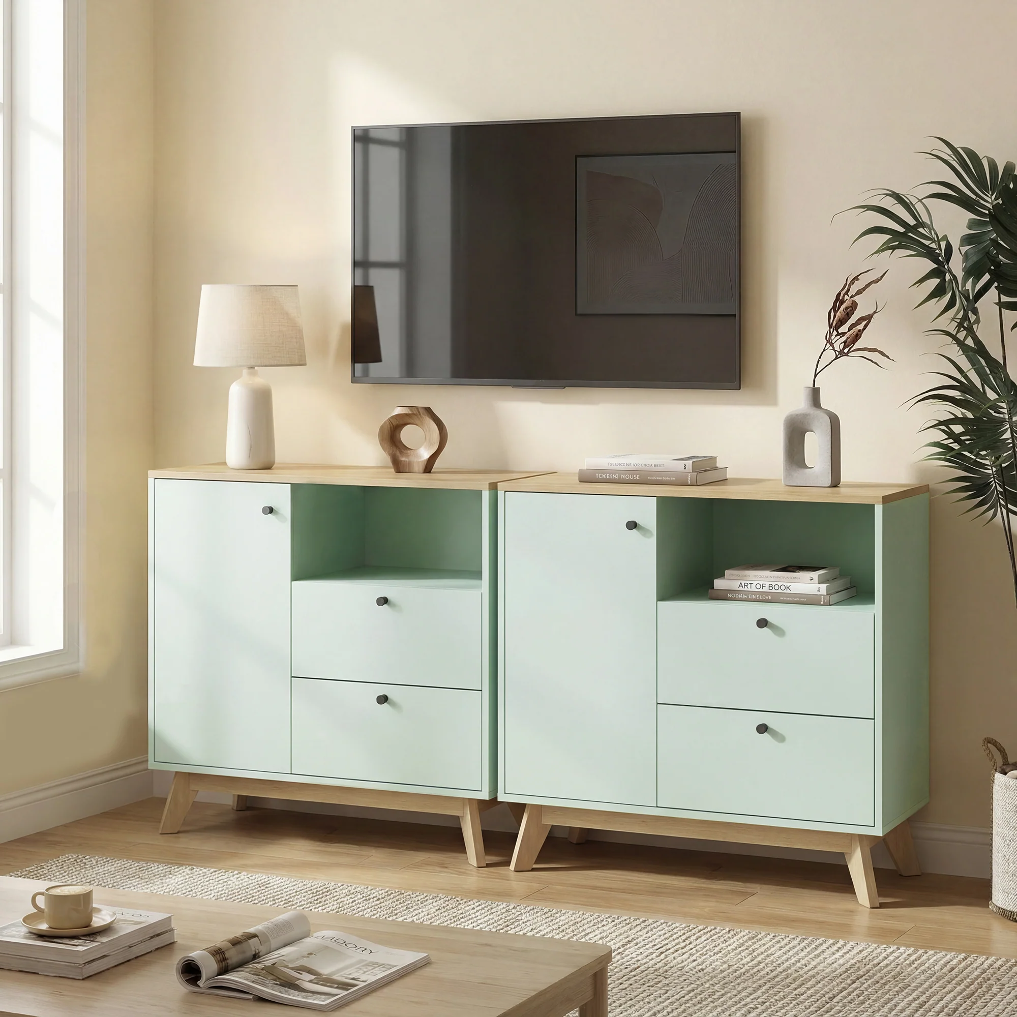 HOMCOM Sideboard, 80 cm Buffet Cabinet with 2 Drawers, Light Green and Oak - Image 9