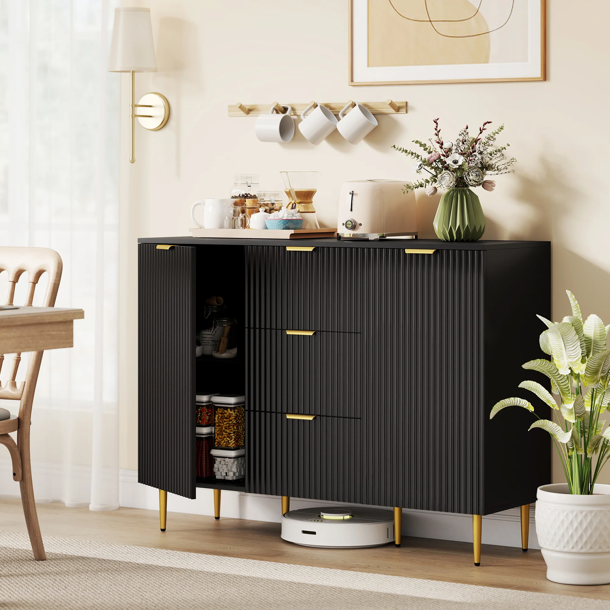 HOMCOM Sideboard Buffet Cabinet w/ 3 Drawers and Adjustable Shelves, Black - Image 2