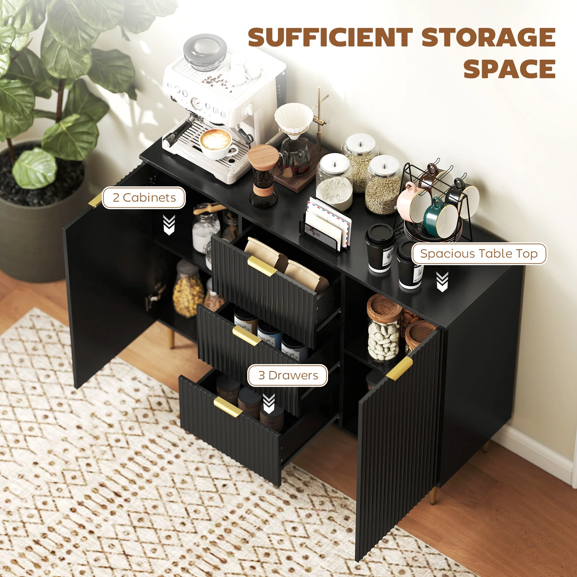 HOMCOM Sideboard Buffet Cabinet w/ 3 Drawers and Adjustable Shelves, Black - Image 3