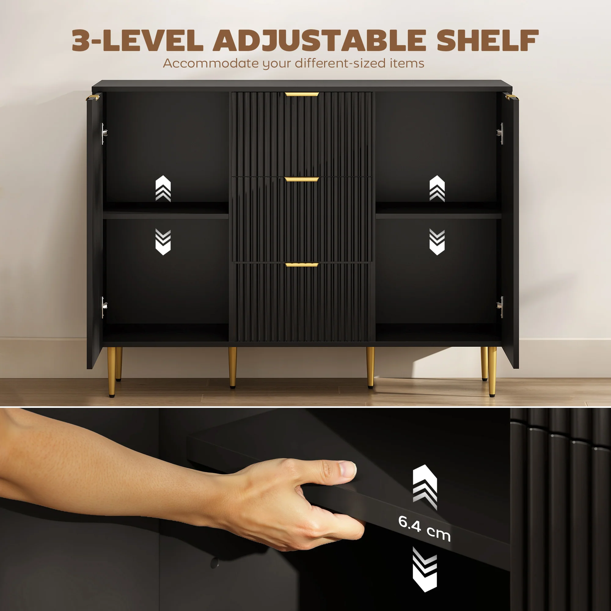 HOMCOM Sideboard Buffet Cabinet w/ 3 Drawers and Adjustable Shelves, Black - Image 4