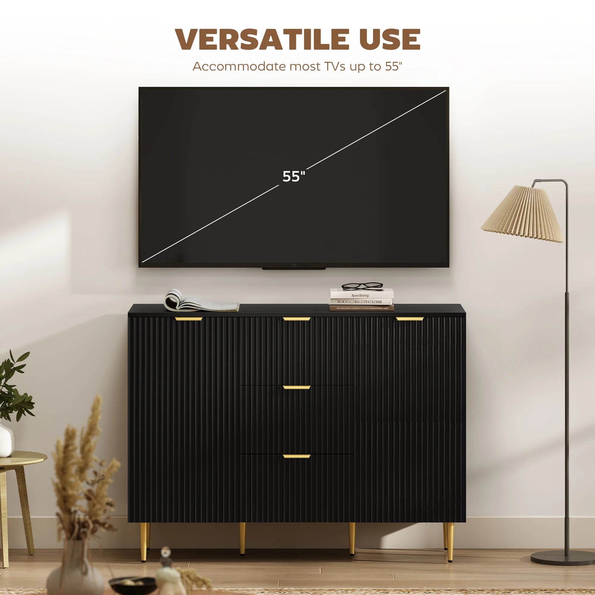 HOMCOM Sideboard Buffet Cabinet w/ 3 Drawers and Adjustable Shelves, Black - Image 6