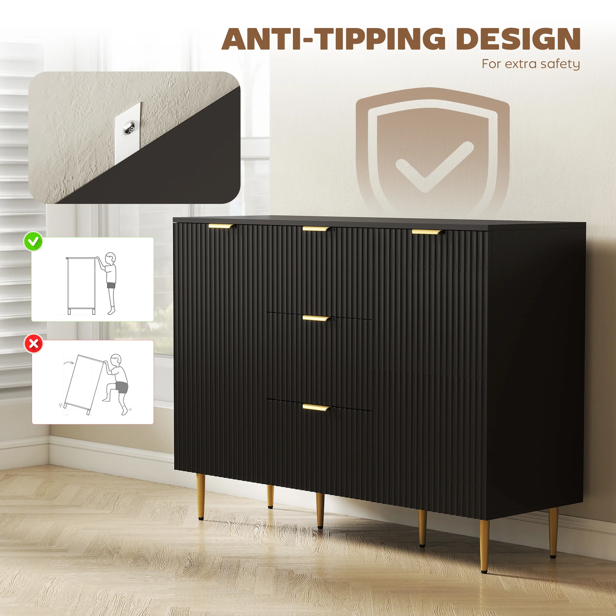 HOMCOM Sideboard Buffet Cabinet w/ 3 Drawers and Adjustable Shelves, Black - Image 8