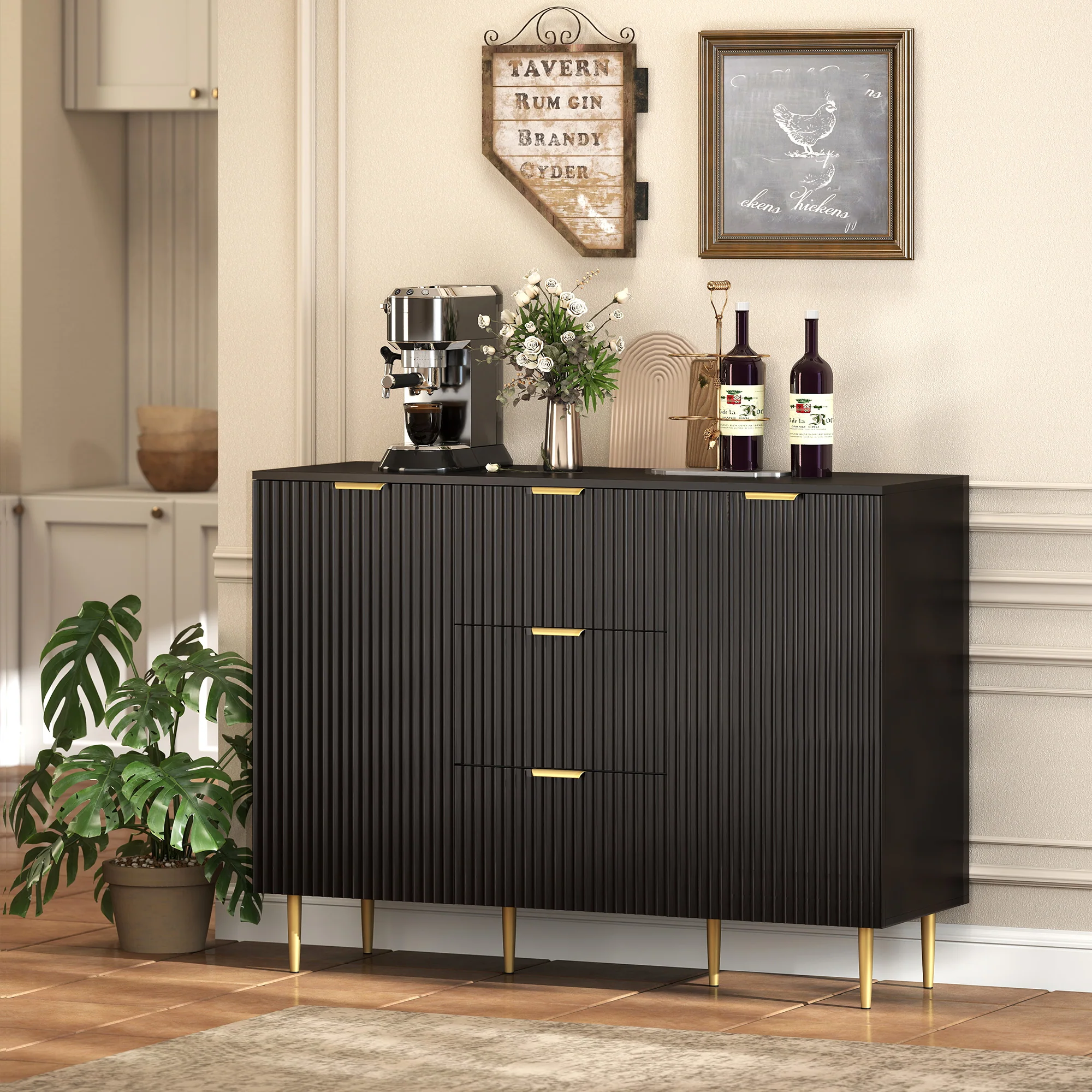HOMCOM Sideboard Buffet Cabinet w/ 3 Drawers and Adjustable Shelves, Black - Image 9