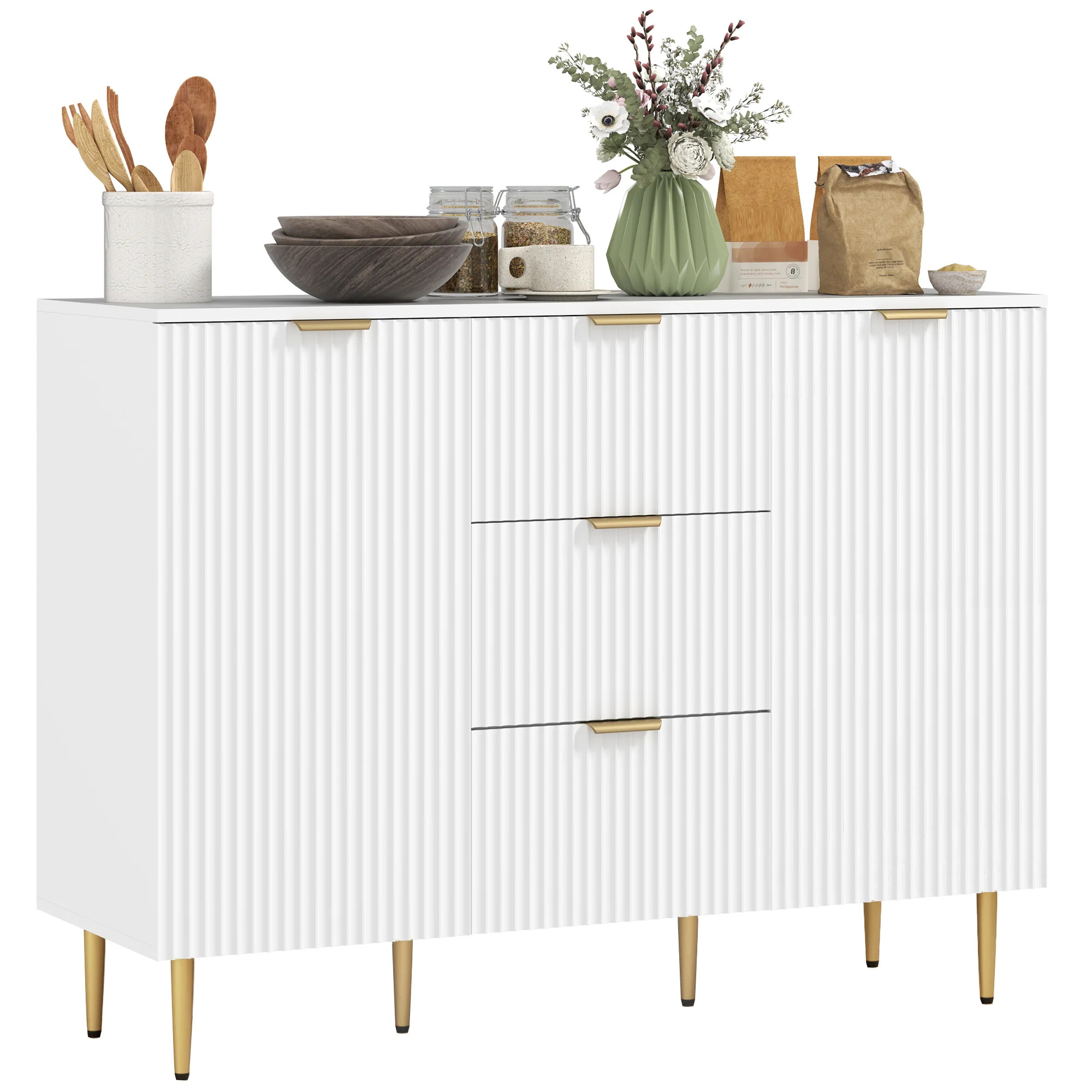 HOMCOM Sideboard Buffet Cabinet W/ 3 Drawers And Adjustable Shelves, White