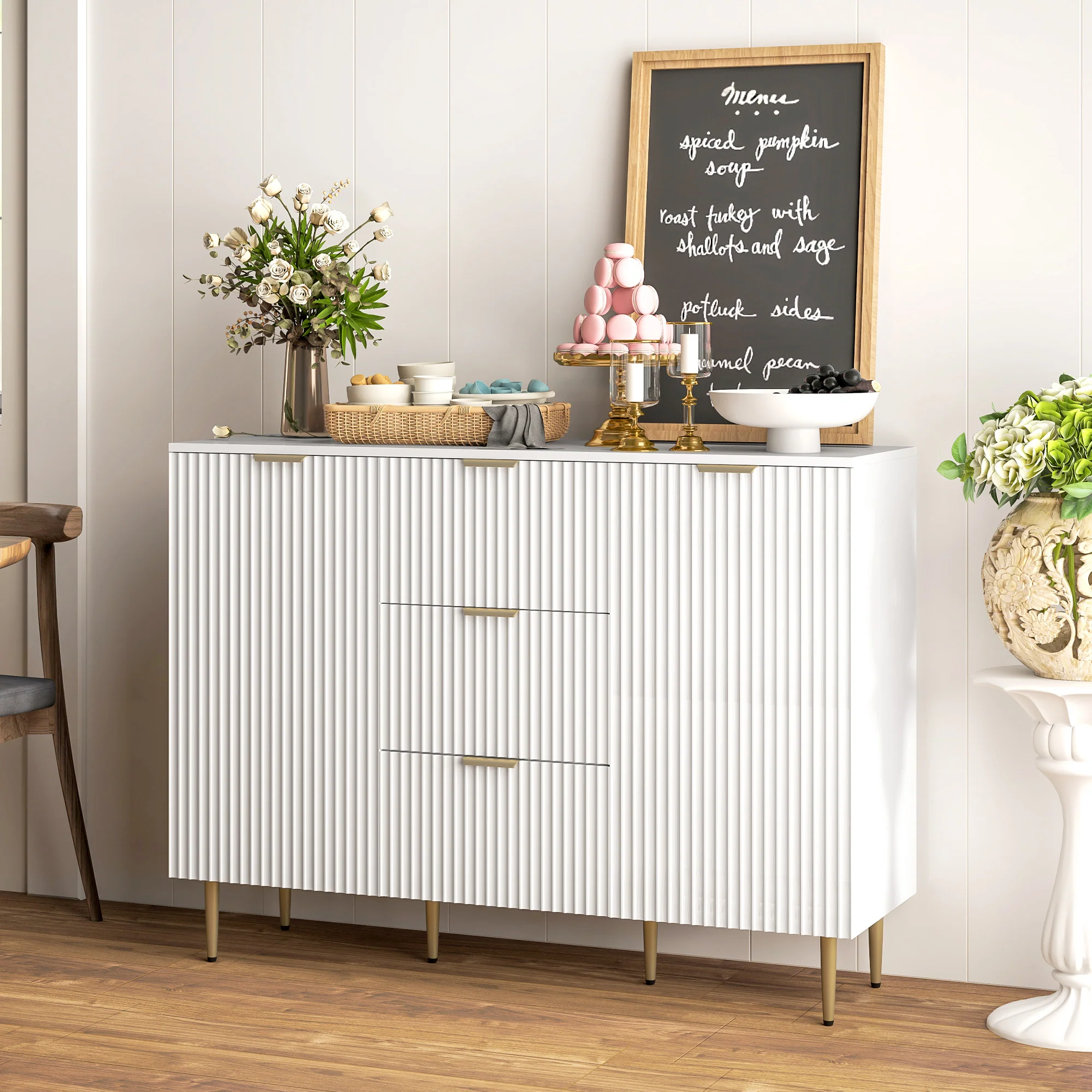 HOMCOM Sideboard Buffet Cabinet W/ 3 Drawers And Adjustable Shelves, White - Image 2