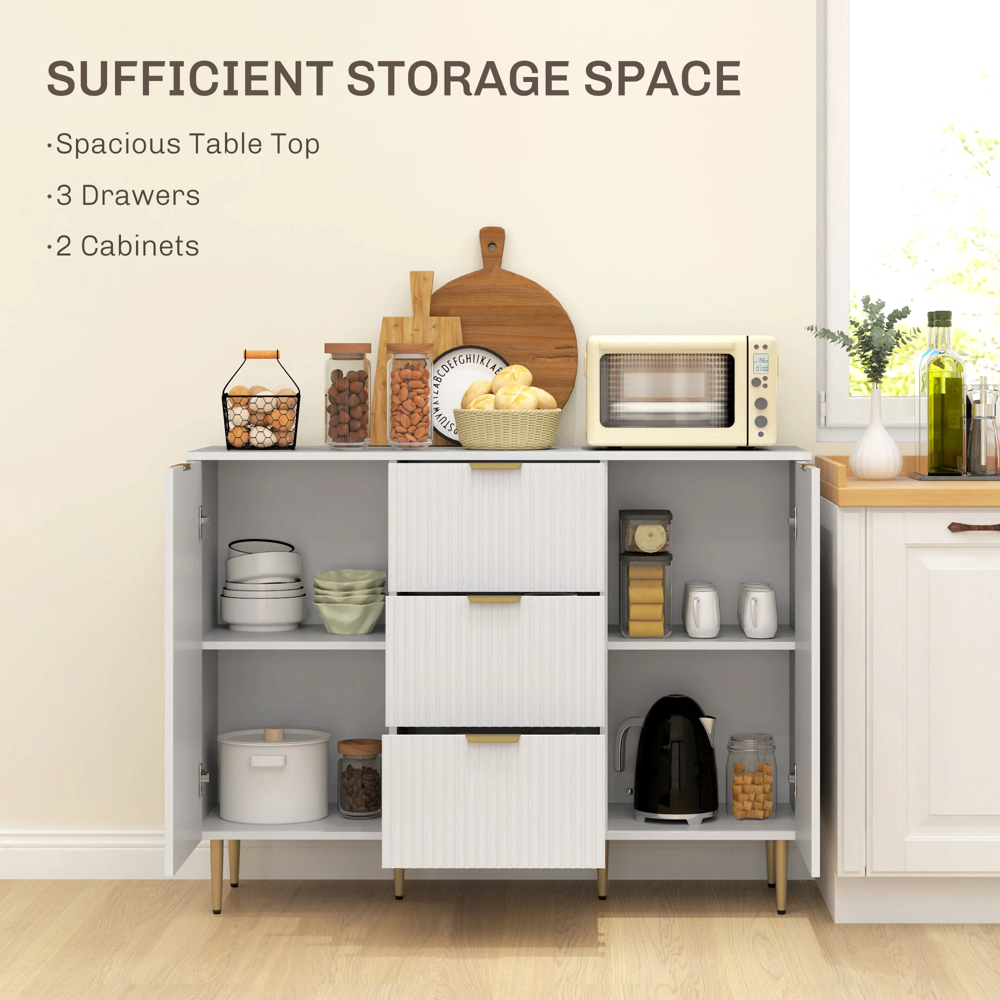 HOMCOM Sideboard Buffet Cabinet W/ 3 Drawers And Adjustable Shelves, White - Image 3