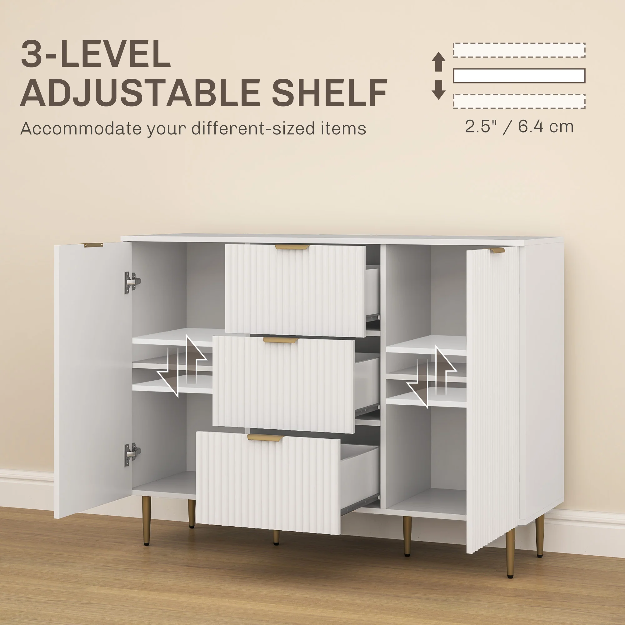 HOMCOM Sideboard Buffet Cabinet W/ 3 Drawers And Adjustable Shelves, White - Image 4