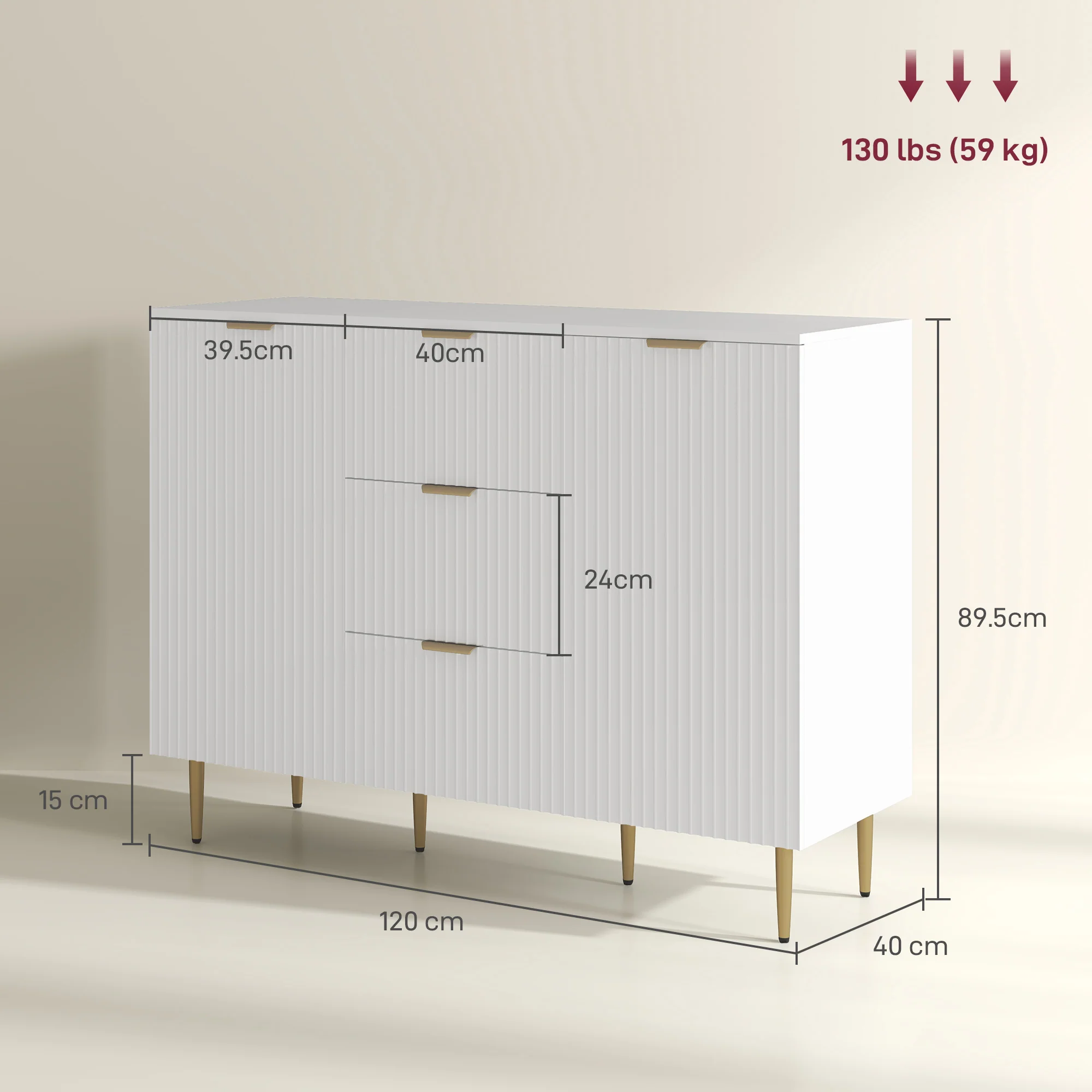 HOMCOM Sideboard Buffet Cabinet W/ 3 Drawers And Adjustable Shelves, White - Image 5