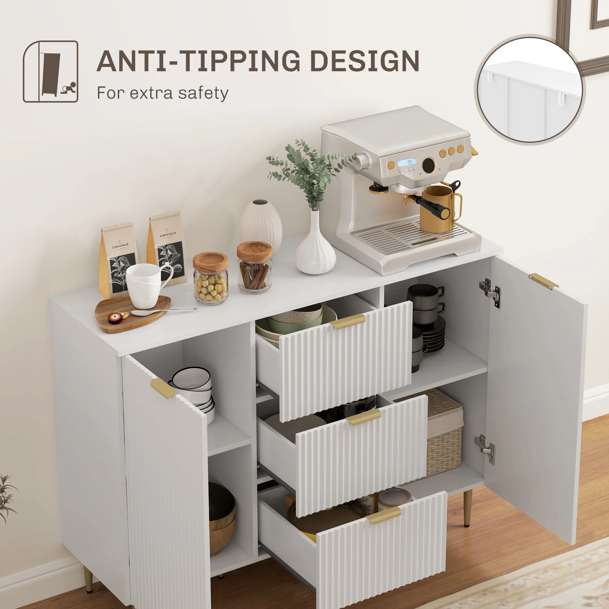 HOMCOM Sideboard Buffet Cabinet W/ 3 Drawers And Adjustable Shelves, White - Image 8