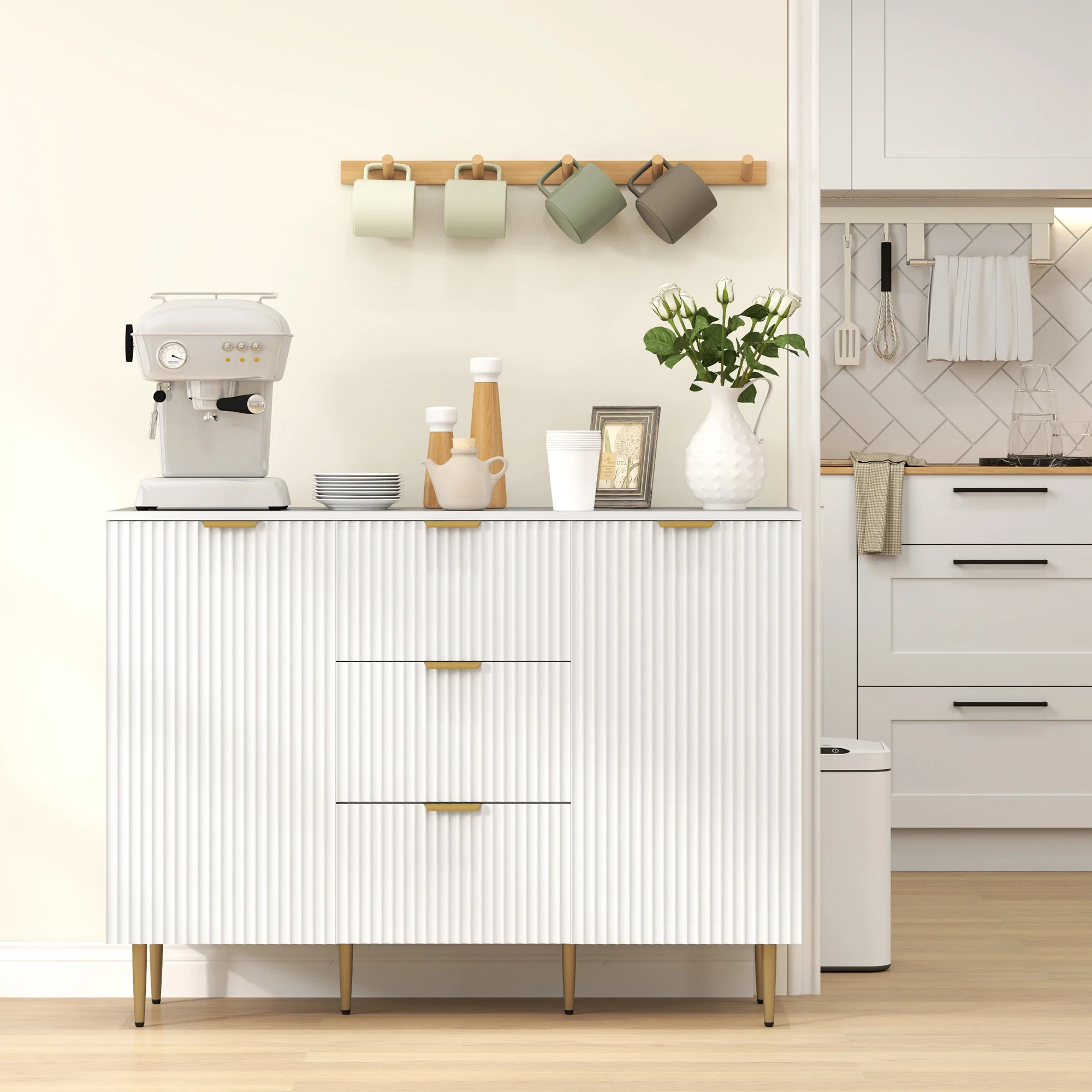 HOMCOM Sideboard Buffet Cabinet W/ 3 Drawers And Adjustable Shelves, White - Image 9