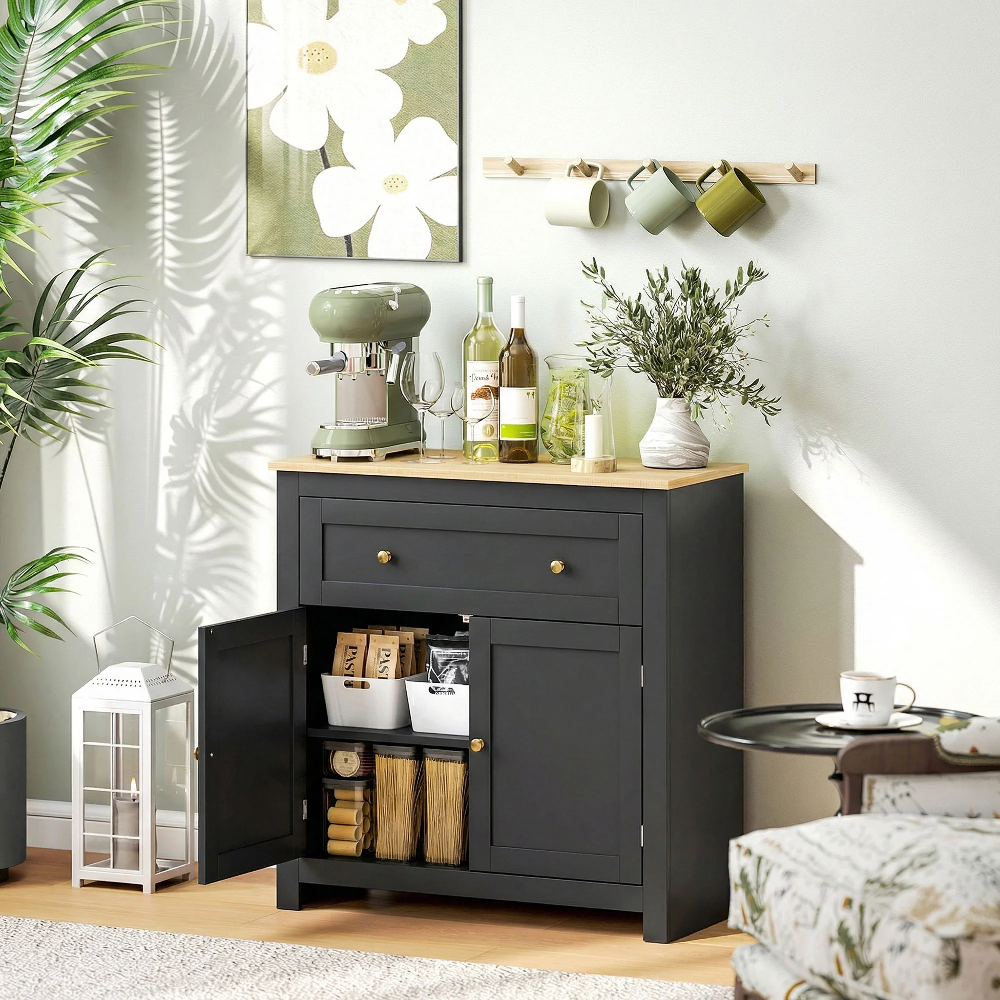 HOMCOM Sideboard, Kitchen Storage Cabinet w/ Adjustable Shelf, Drawer, Black - Image 2
