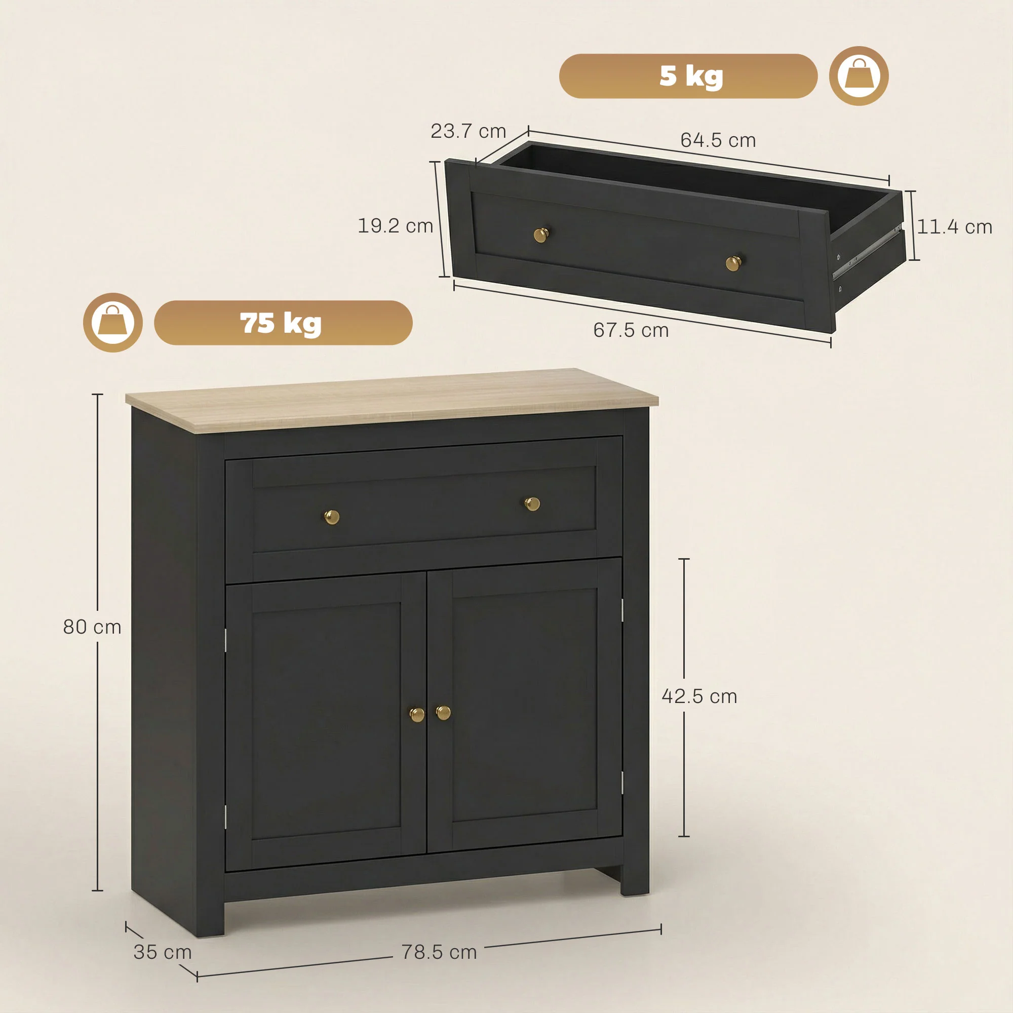 HOMCOM Sideboard, Kitchen Storage Cabinet w/ Adjustable Shelf, Drawer, Black - Image 3