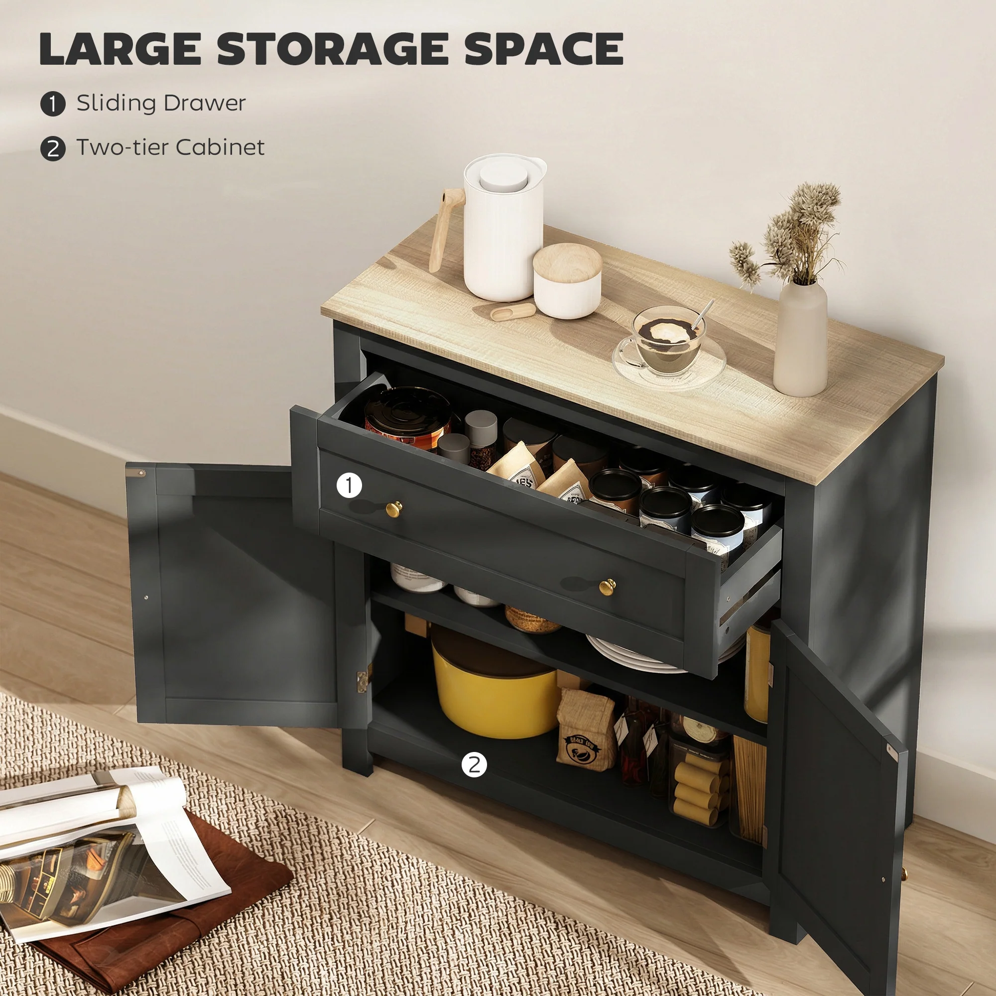 HOMCOM Sideboard, Kitchen Storage Cabinet w/ Adjustable Shelf, Drawer, Black - Image 4