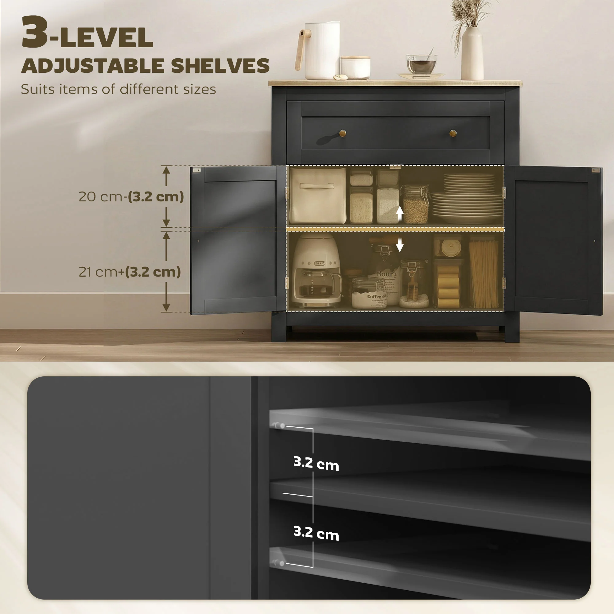 HOMCOM Sideboard, Kitchen Storage Cabinet w/ Adjustable Shelf, Drawer, Black - Image 5