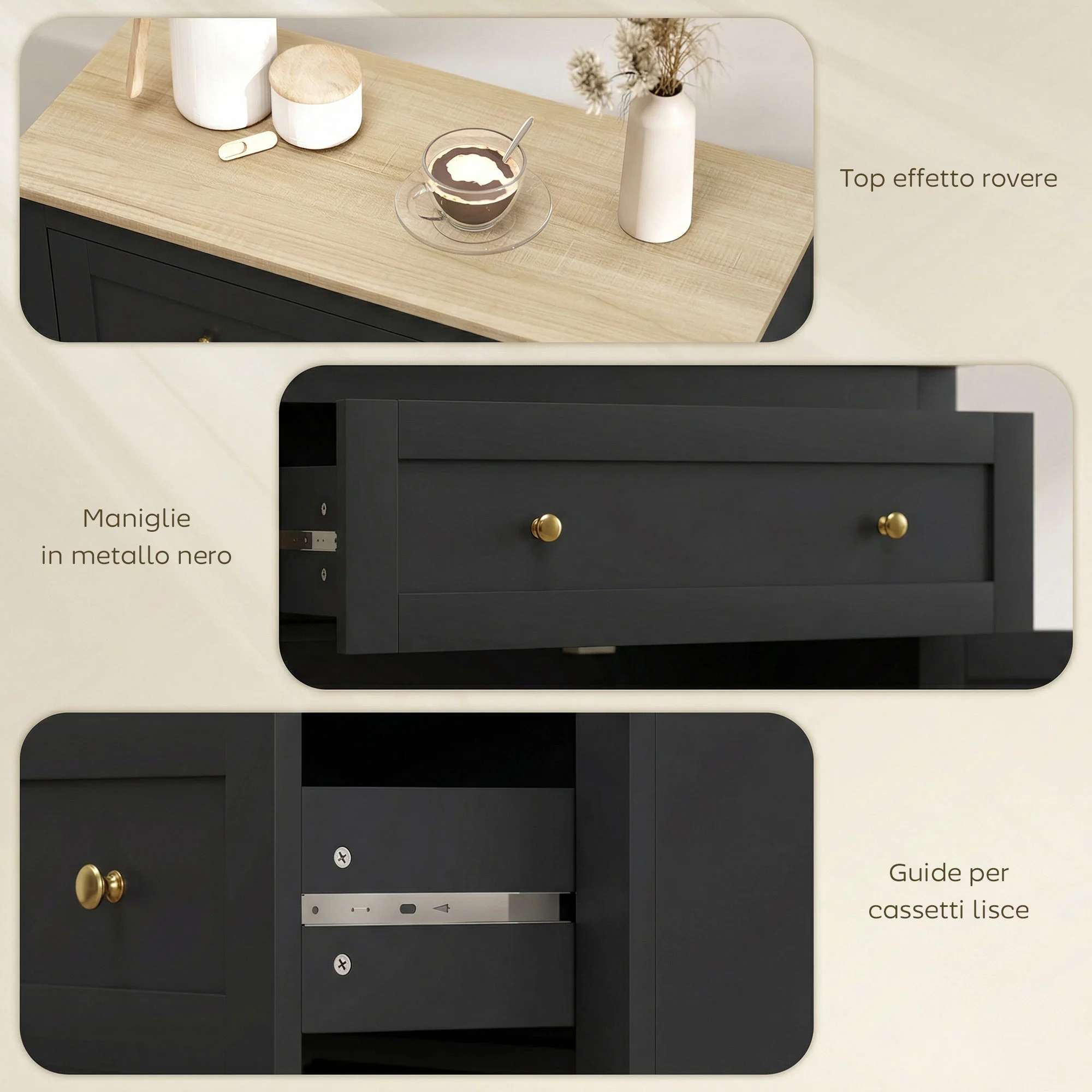 HOMCOM Sideboard, Kitchen Storage Cabinet w/ Adjustable Shelf, Drawer, Black - Image 7