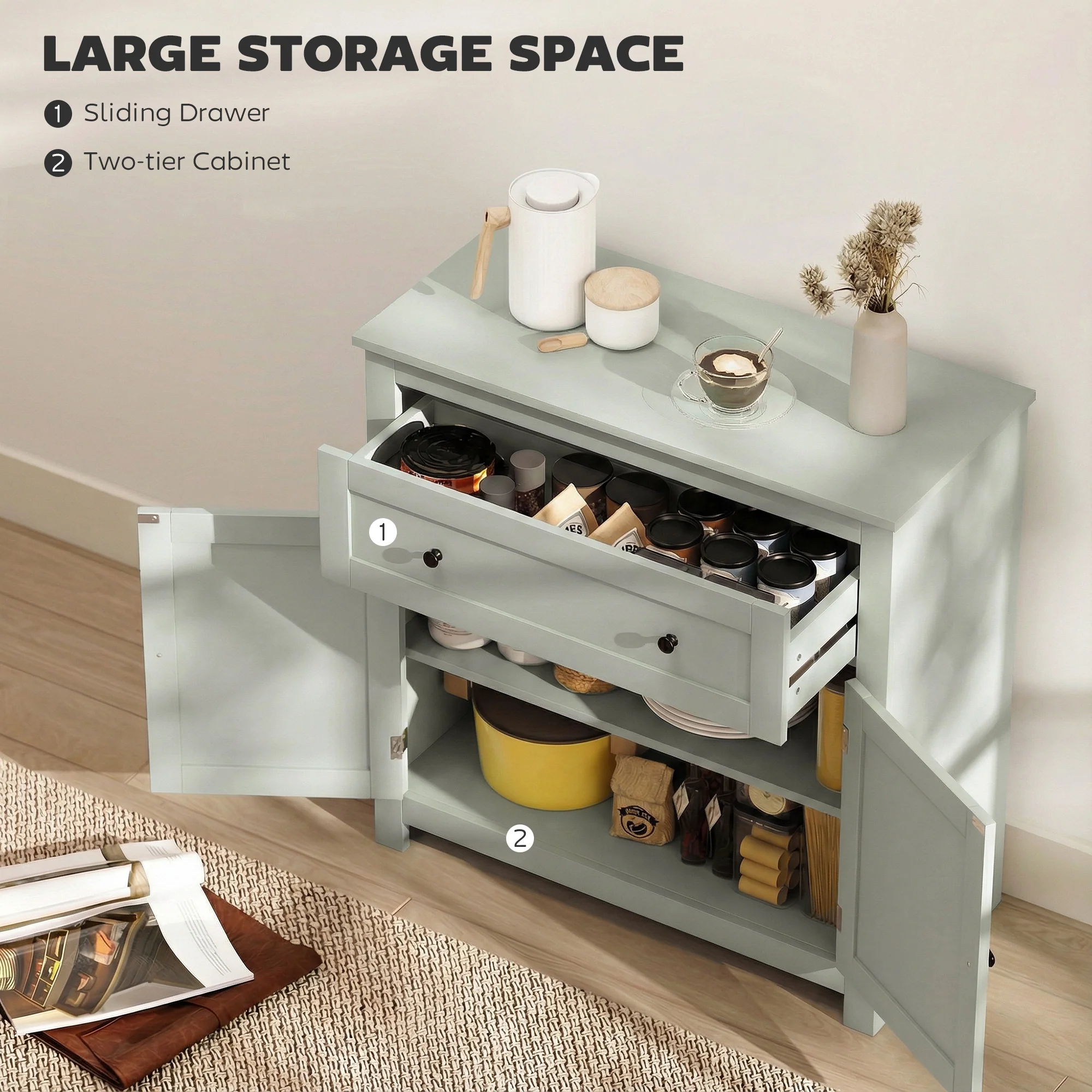 HOMCOM Sideboard, Kitchen Storage Cabinet w/ Adjustable Shelf, Drawer, Green - Image 4