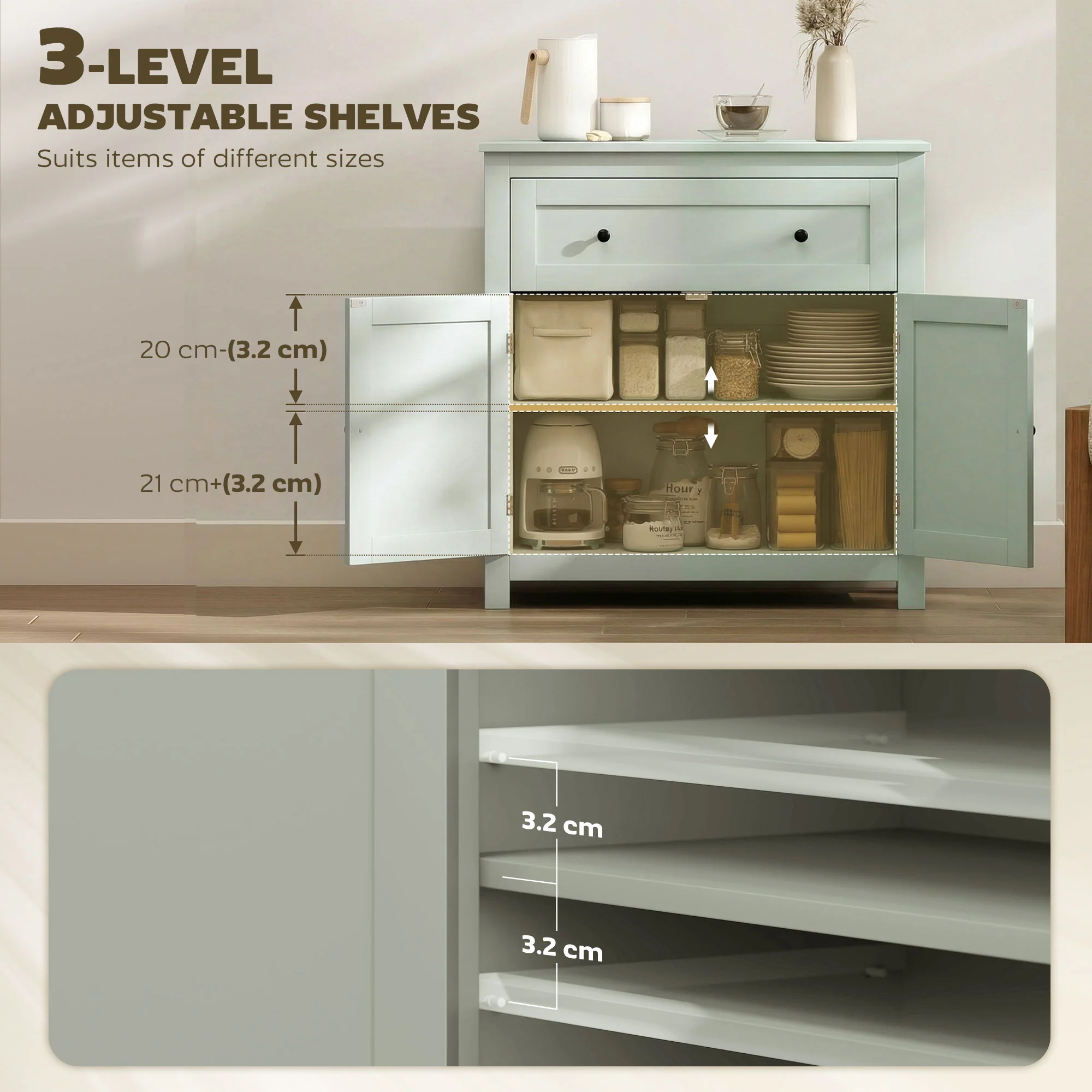 HOMCOM Sideboard, Kitchen Storage Cabinet w/ Adjustable Shelf, Drawer, Green - Image 5