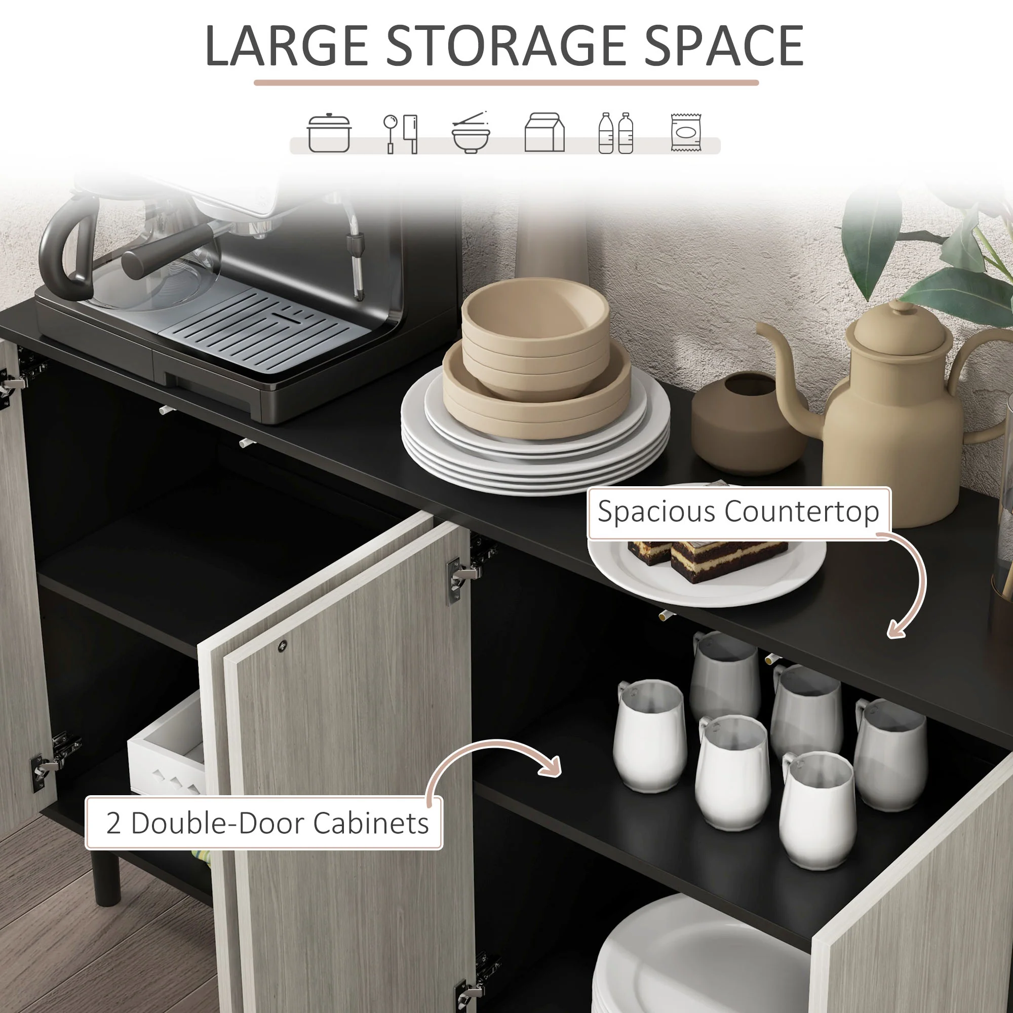 HOMCOM Sideboard Storage Cabinet for Living Room with Adjustable Shelves Black - Image 3