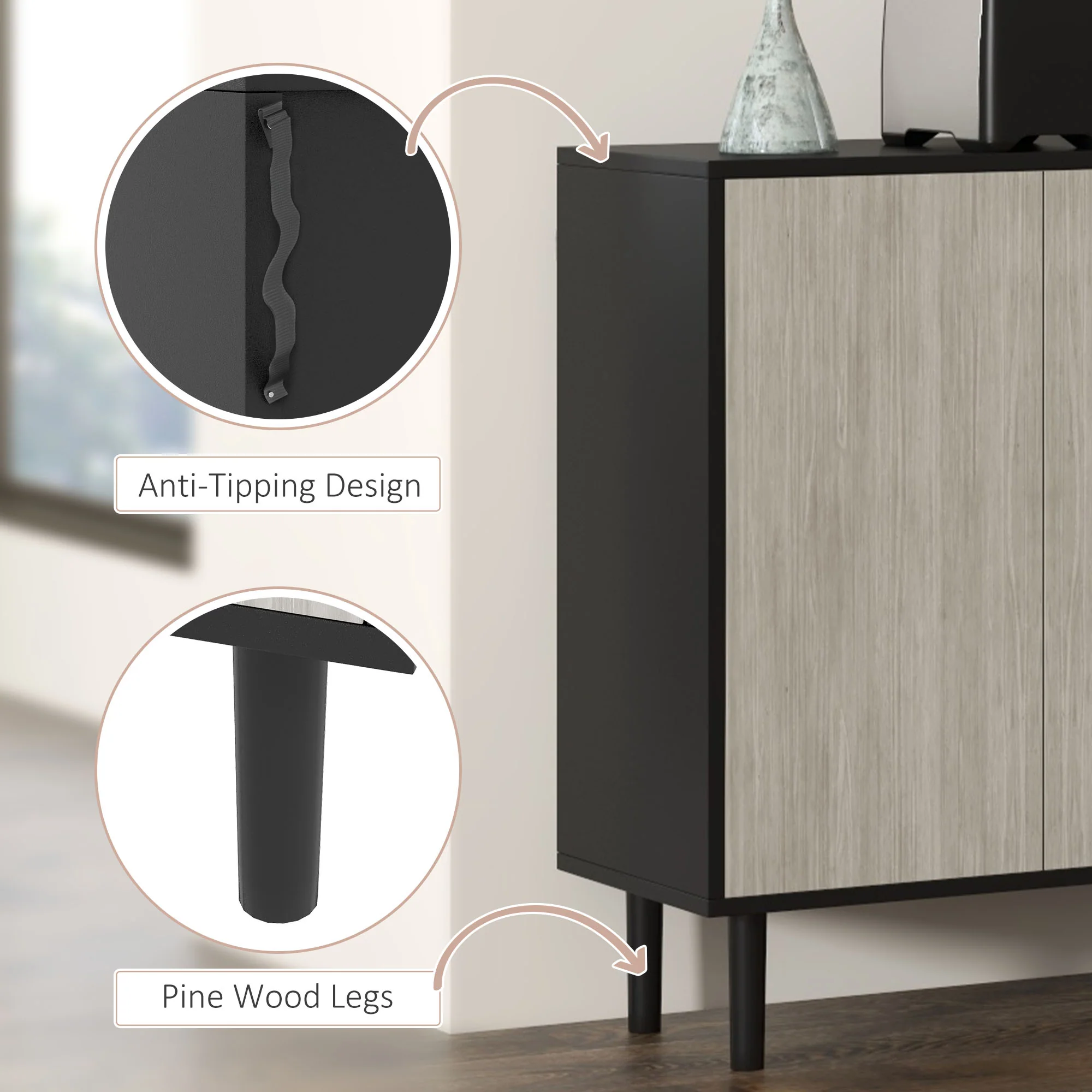 HOMCOM Sideboard Storage Cabinet for Living Room with Adjustable Shelves Black - Image 7