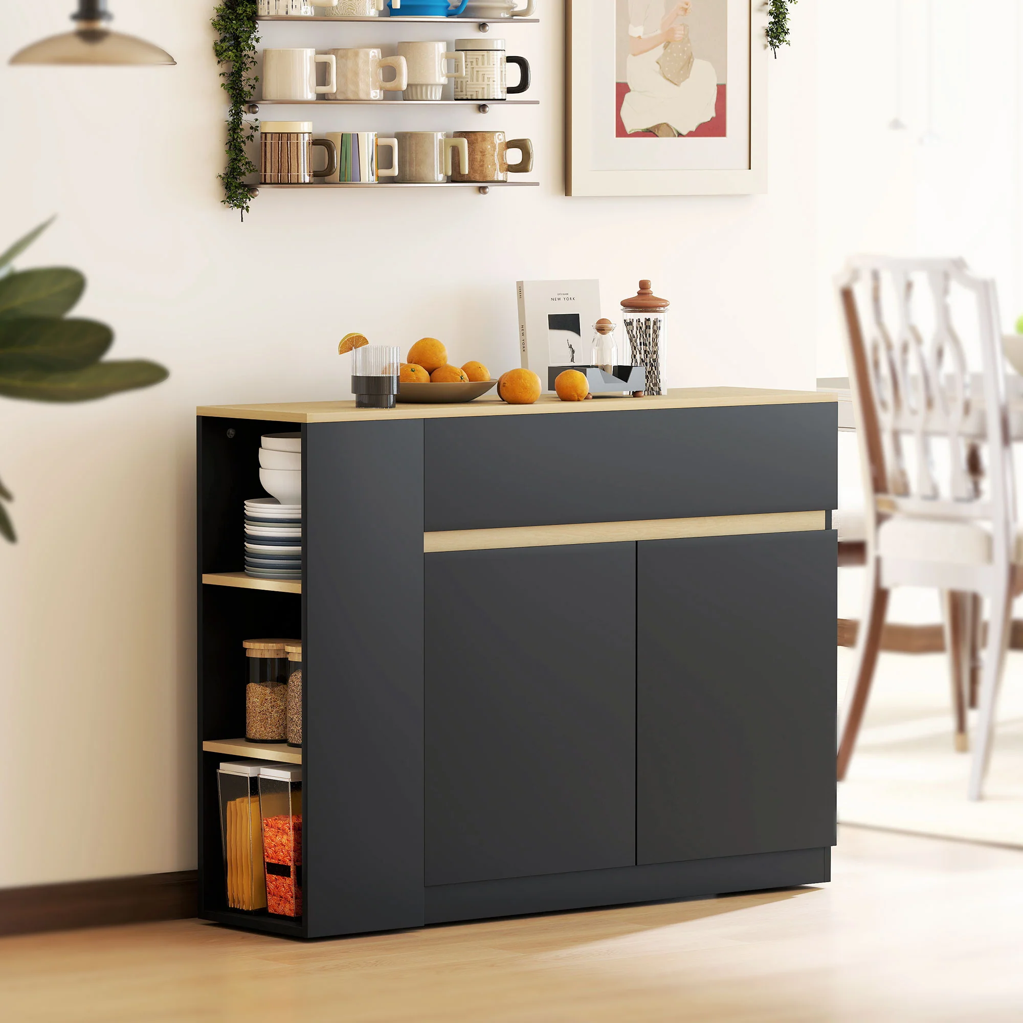 HOMCOM Sideboard, Storage Cabinet with 2 Drawers, 3 Open Shelves, Black - Image 2