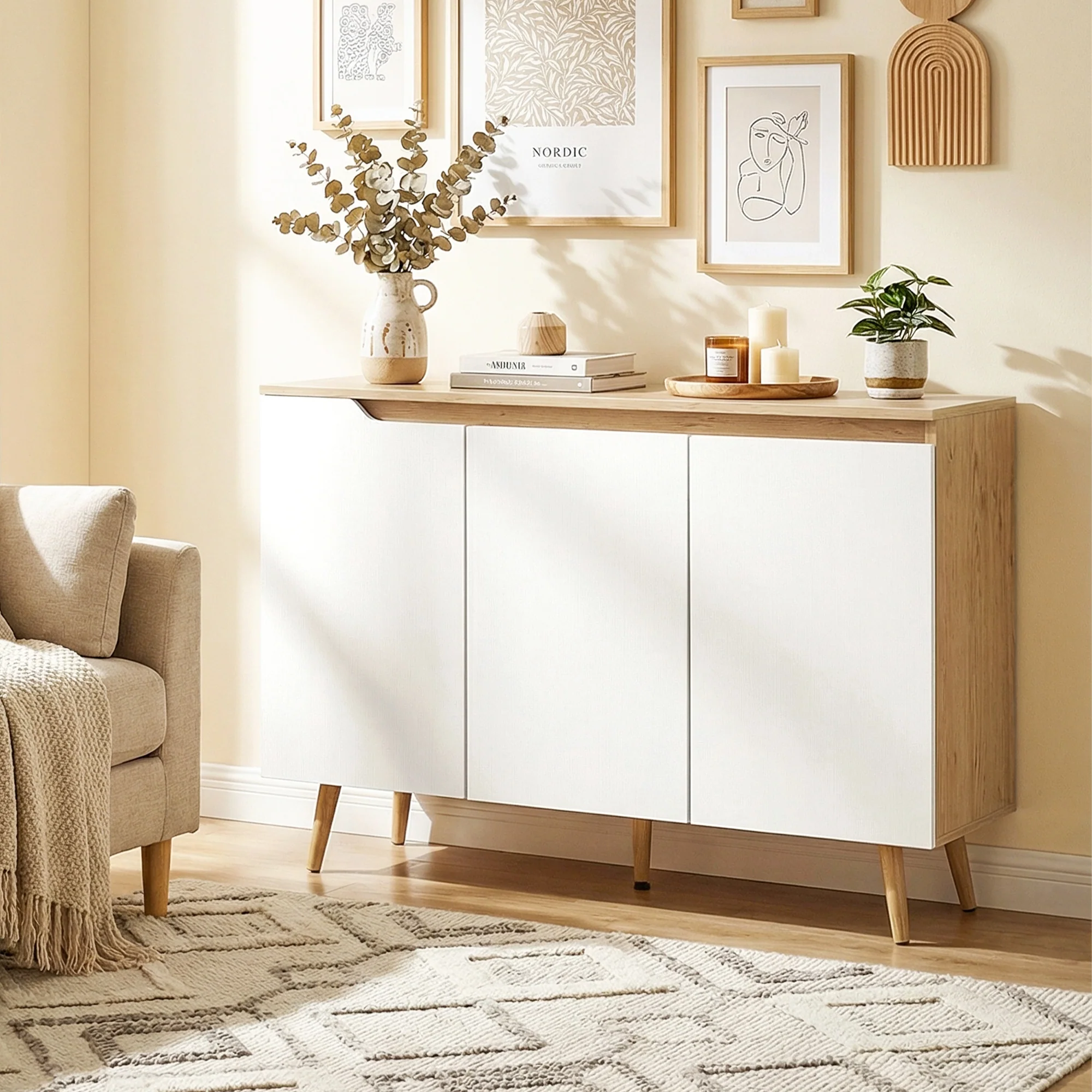 HOMCOM Sideboard Storage Cabinet With 5 Rubberwood Legs, White And Oak - Image 2