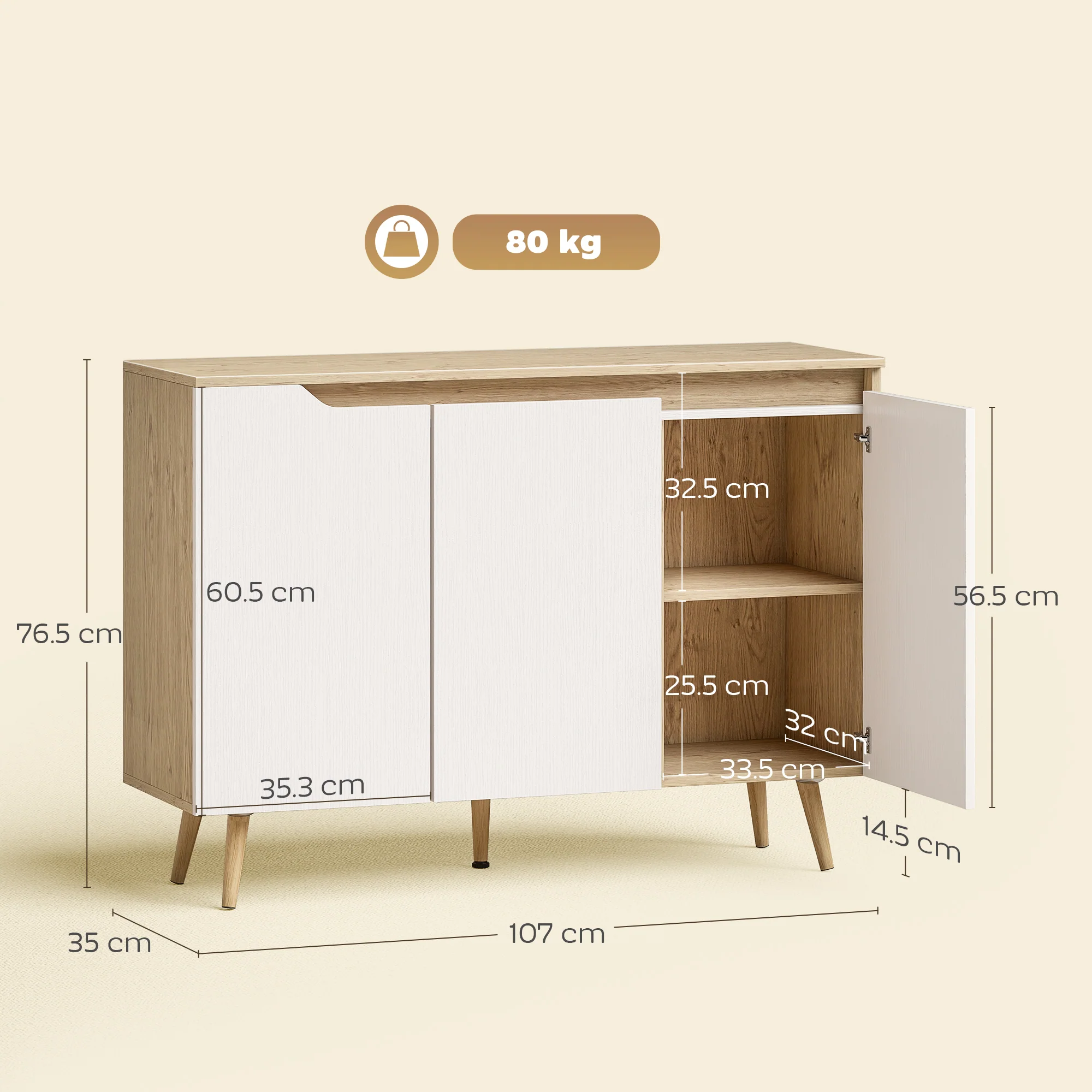 HOMCOM Sideboard Storage Cabinet With 5 Rubberwood Legs, White And Oak - Image 5