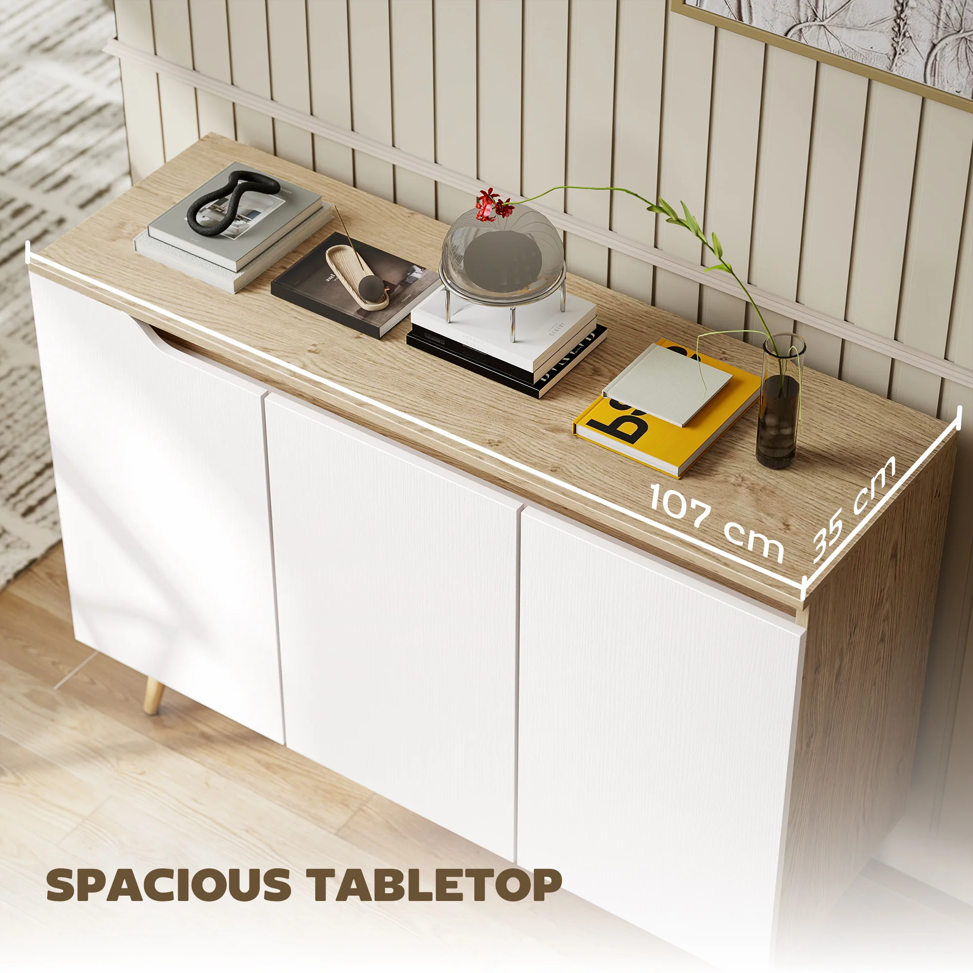 HOMCOM Sideboard Storage Cabinet With 5 Rubberwood Legs, White And Oak - Image 6